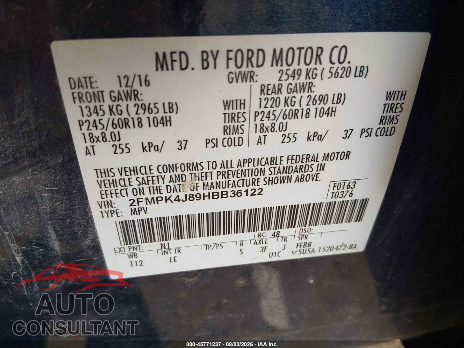 FORD EDGE 2017 - 2FMPK4J89HBB36122