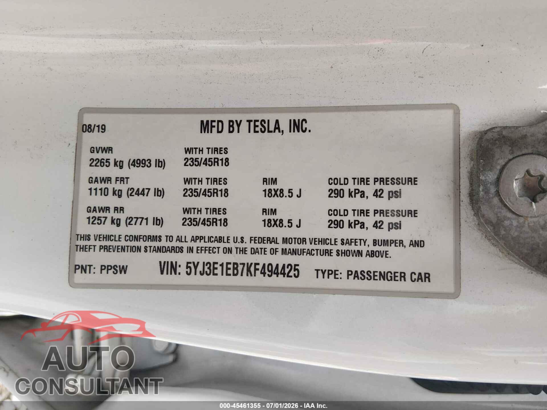 TESLA MODEL 3 2019 - 5YJ3E1EB7KF494425