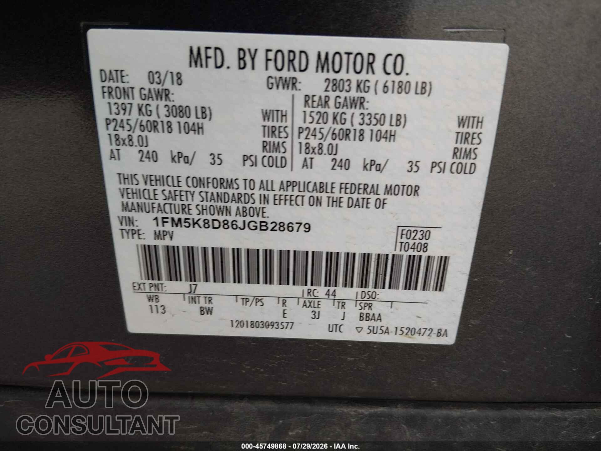 FORD EXPLORER 2018 - 1FM5K8D86JGB28679