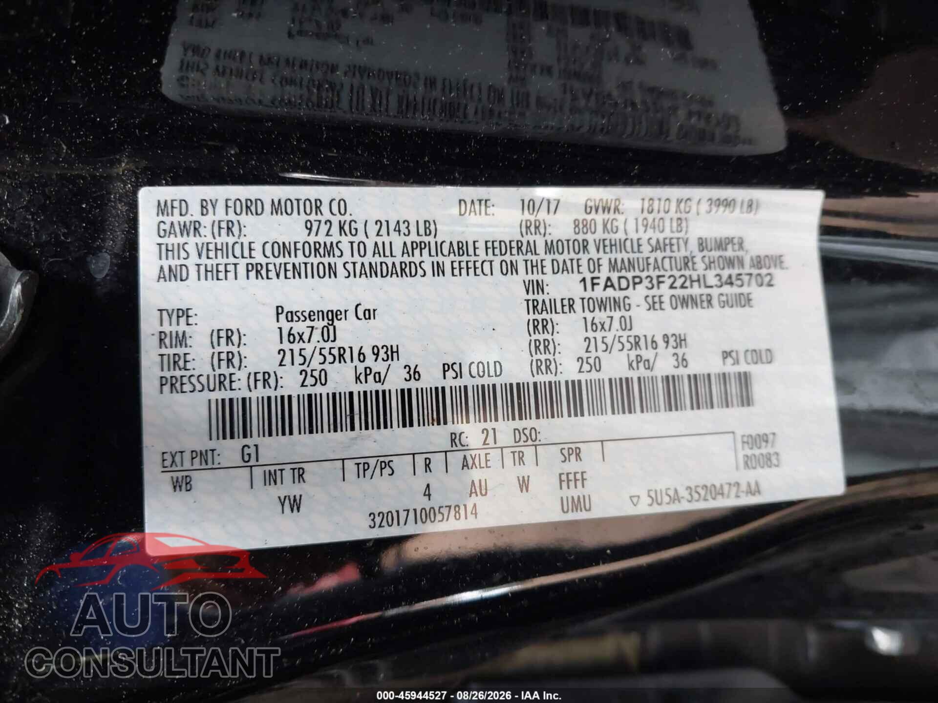 FORD FOCUS 2017 - 1FADP3F22HL345702