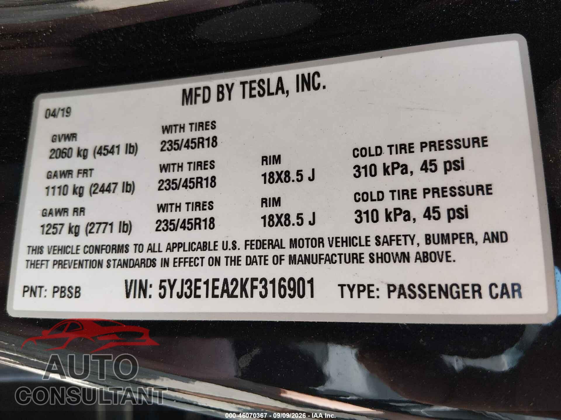 TESLA MODEL 3 2019 - 5YJ3E1EA2KF316901
