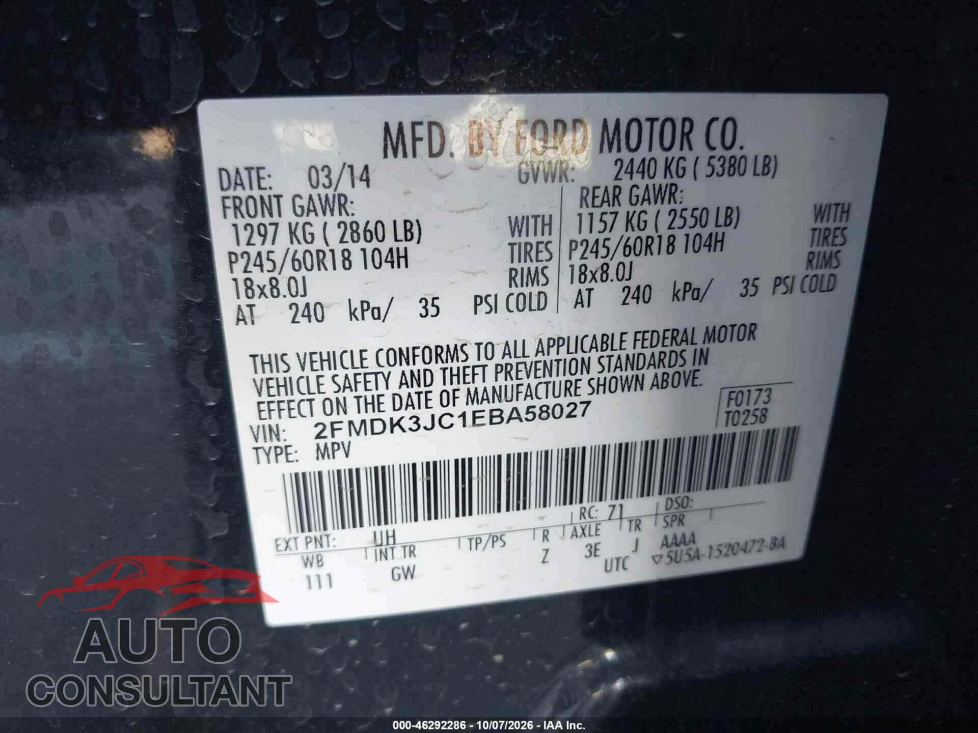 FORD EDGE 2014 - 2FMDK3JC1EBA58027