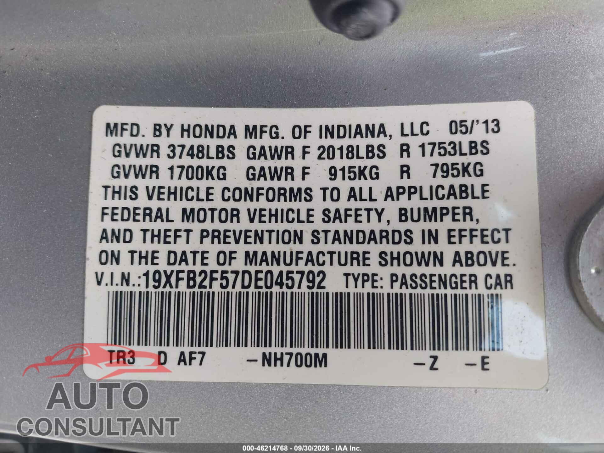 HONDA CIVIC 2013 - 19XFB2F57DE045792
