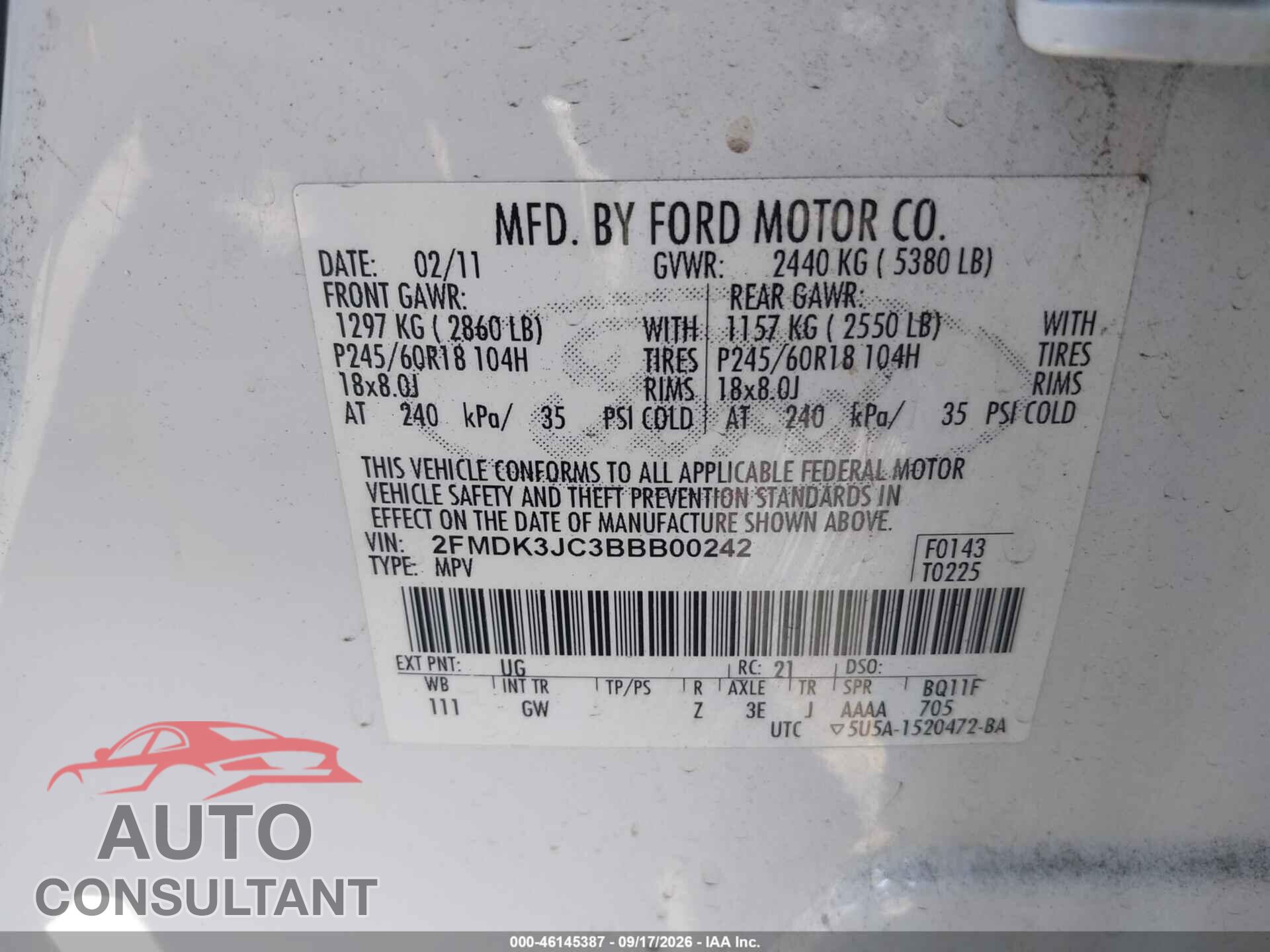 FORD EDGE 2011 - 2FMDK3JC3BBB00242
