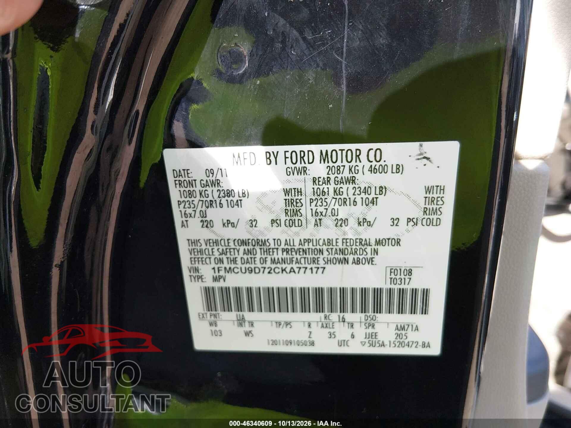 FORD ESCAPE 2012 - 1FMCU9D72CKA77177