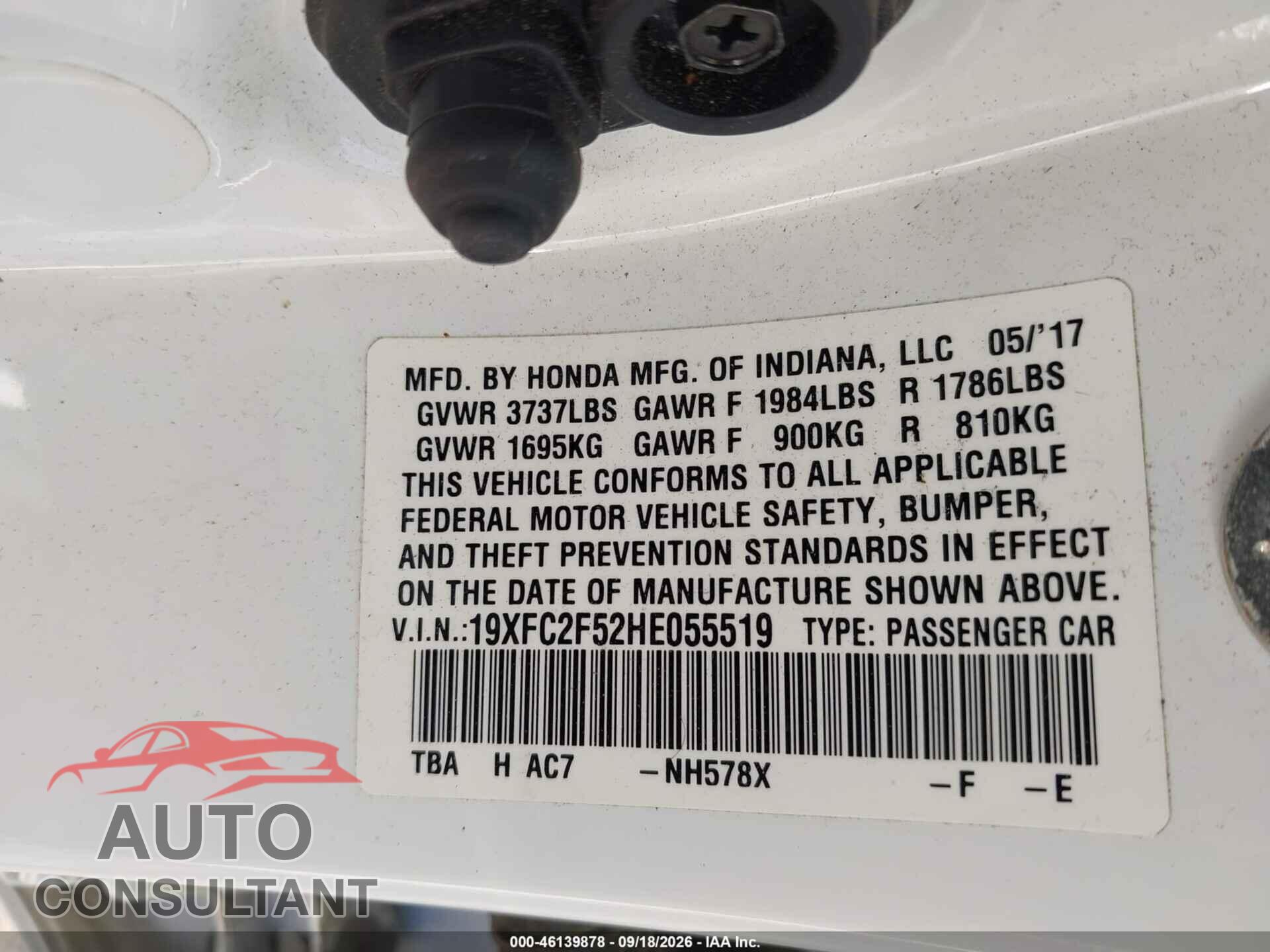 HONDA CIVIC 2017 - 19XFC2F52HE055519