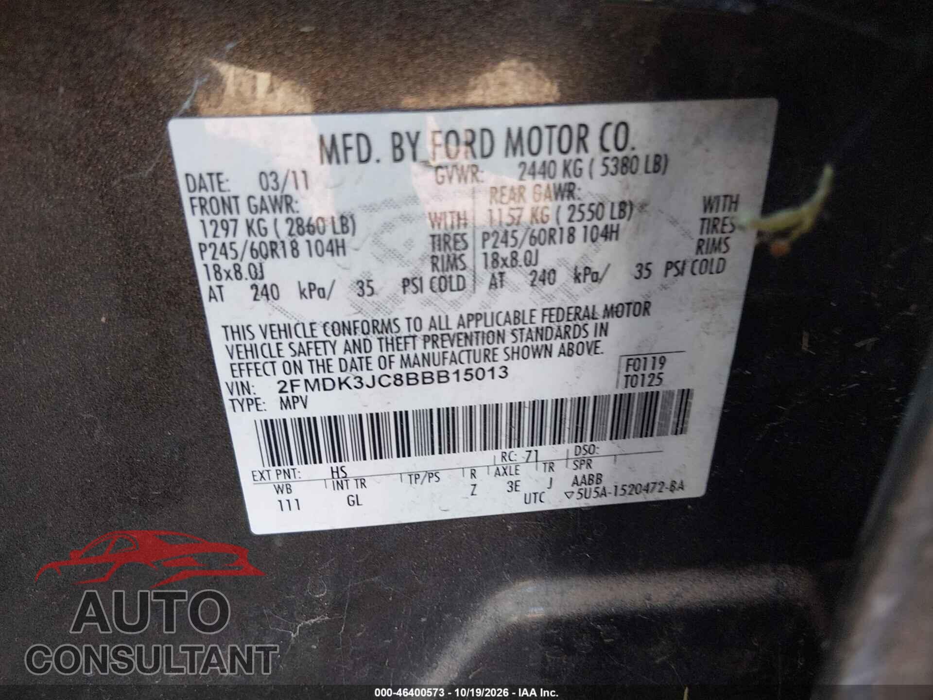 FORD EDGE 2011 - 2FMDK3JC8BBB15013