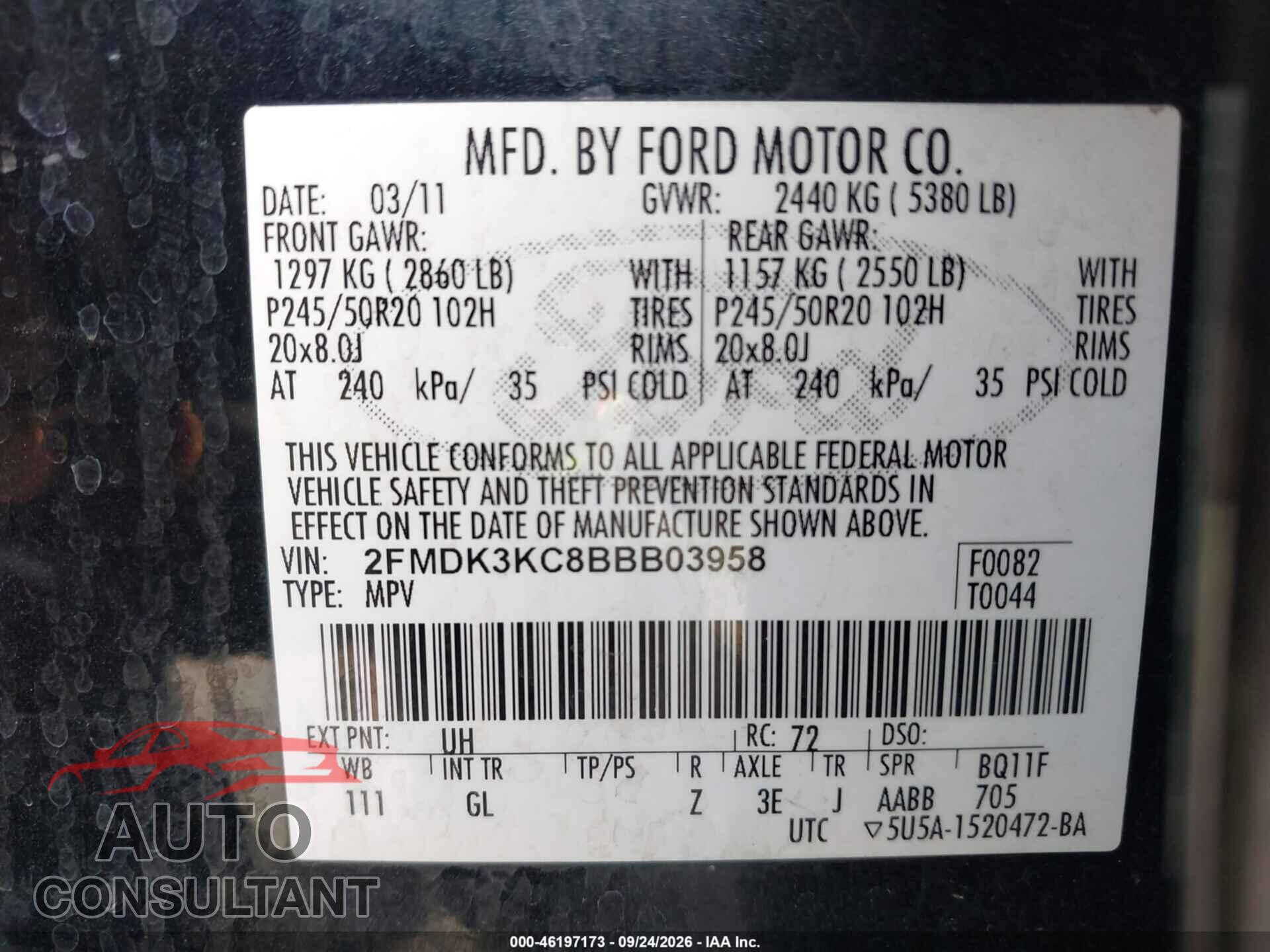 FORD EDGE 2011 - 2FMDK3KC8BBB03958