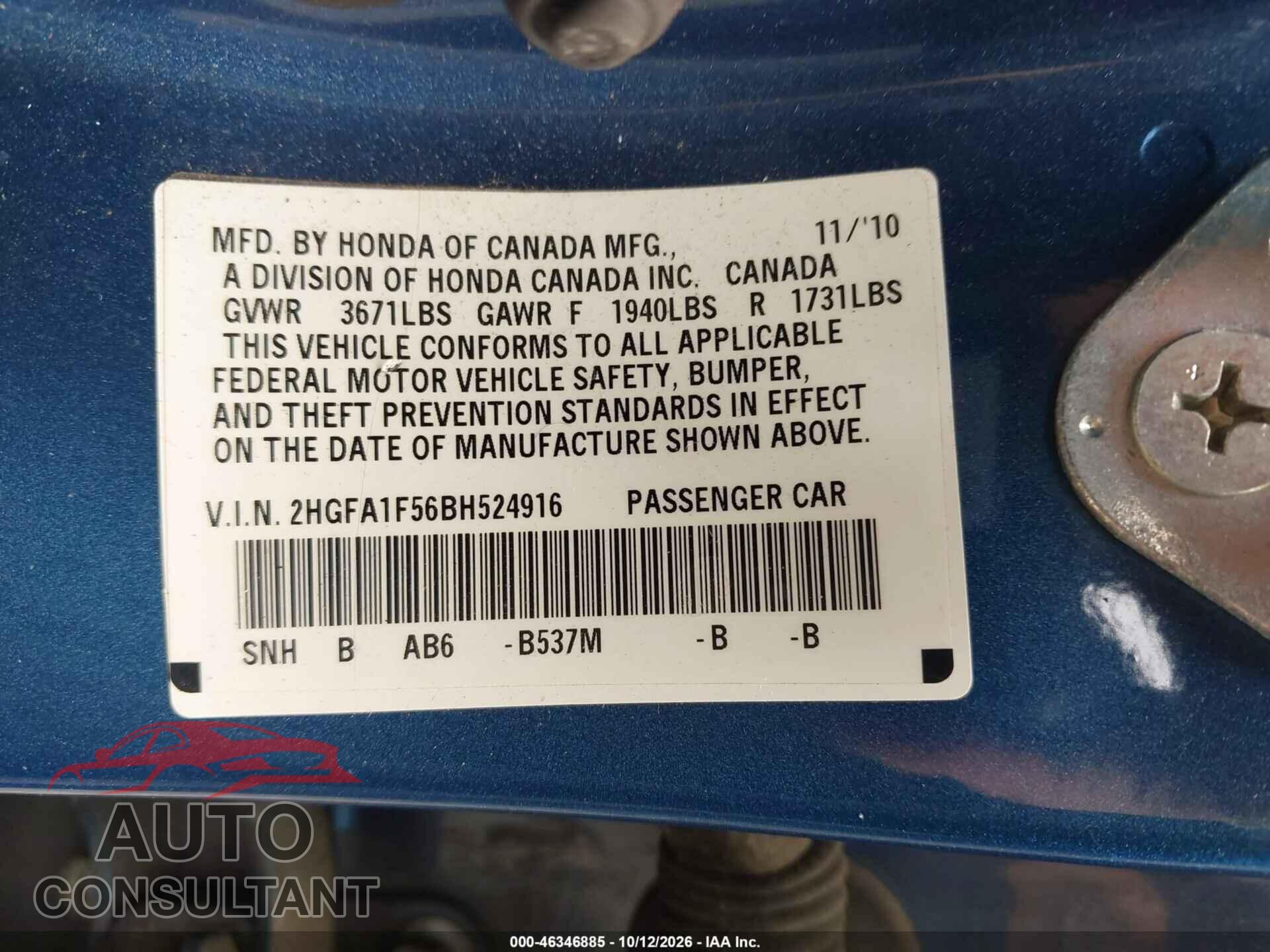 HONDA CIVIC 2011 - 2HGFA1F56BH524916