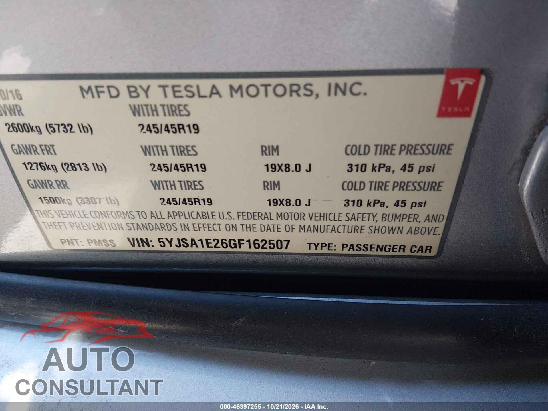 TESLA MODEL S 2016 - 5YJSA1E26GF162507