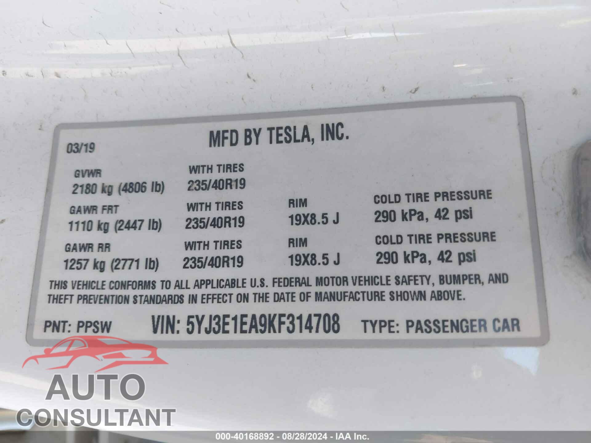 TESLA MODEL 3 2019 - 5YJ3E1EA9KF314708