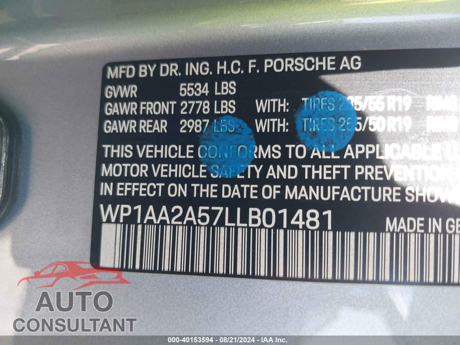 PORSCHE MACAN 2020 - WP1AA2A57LLB01481