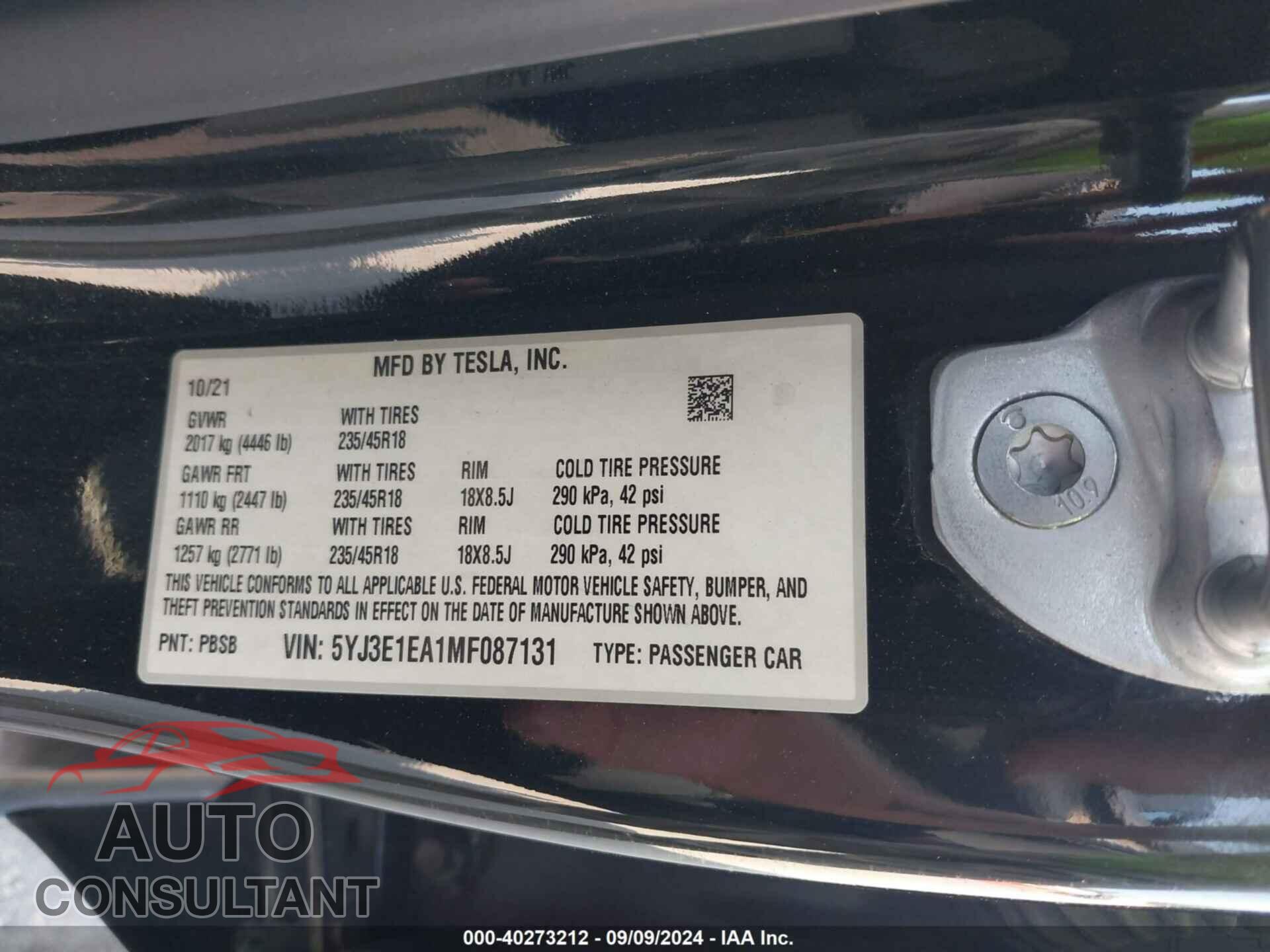 TESLA MODEL 3 2021 - 5YJ3E1EA1MF087131