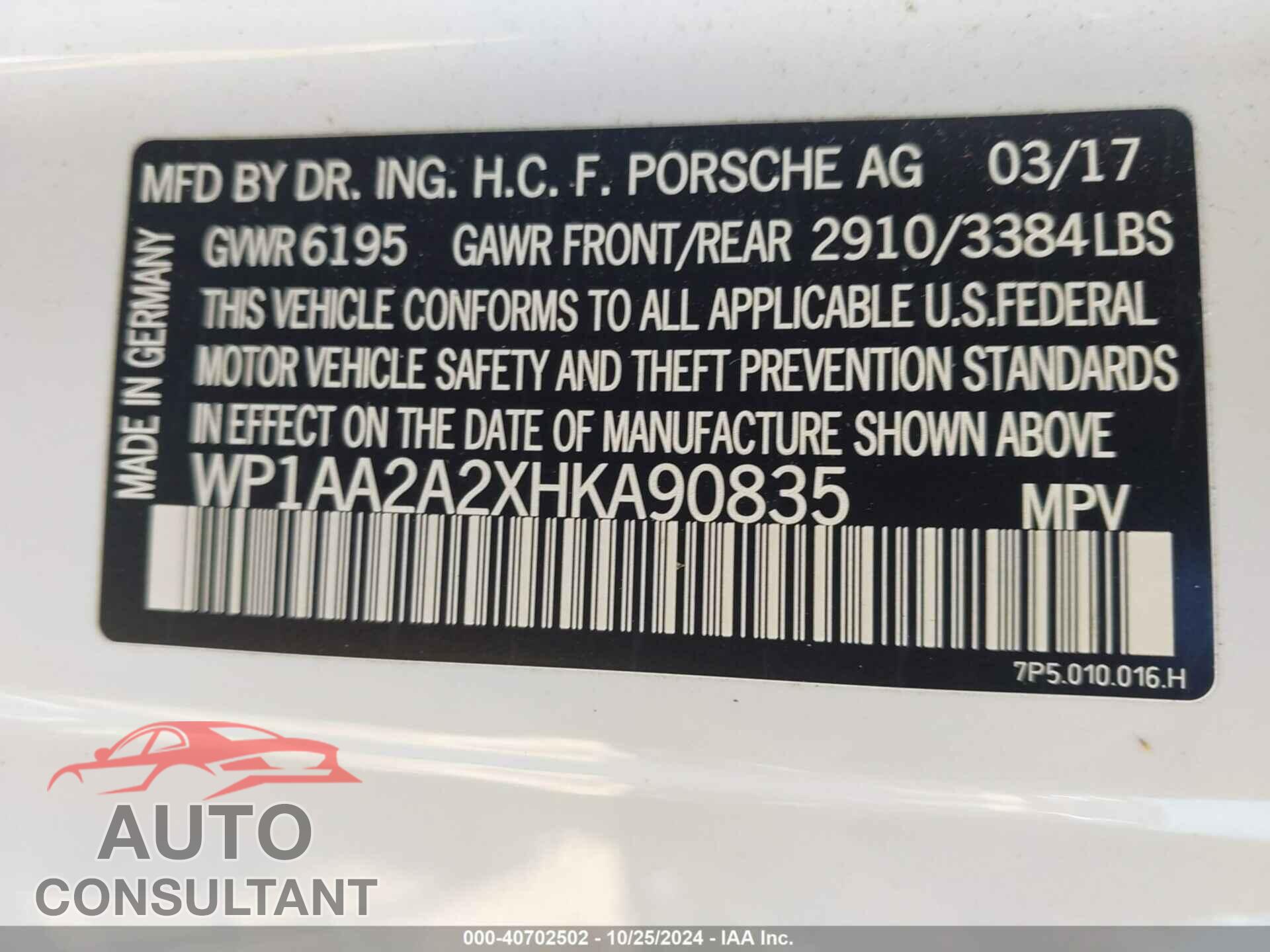 PORSCHE CAYENNE 2017 - WP1AA2A2XHKA90835