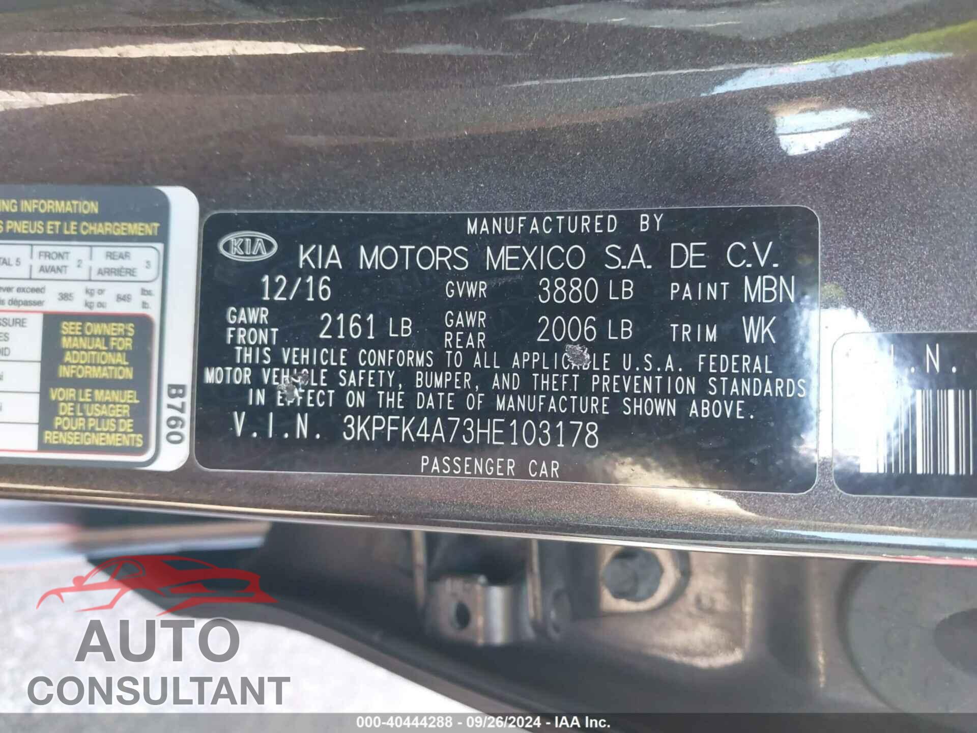 KIA FORTE 2017 - 3KPFK4A73HE103178