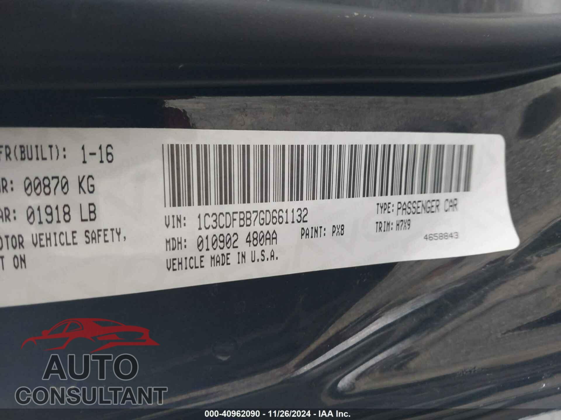 DODGE DART 2016 - 1C3CDFBB7GD661132