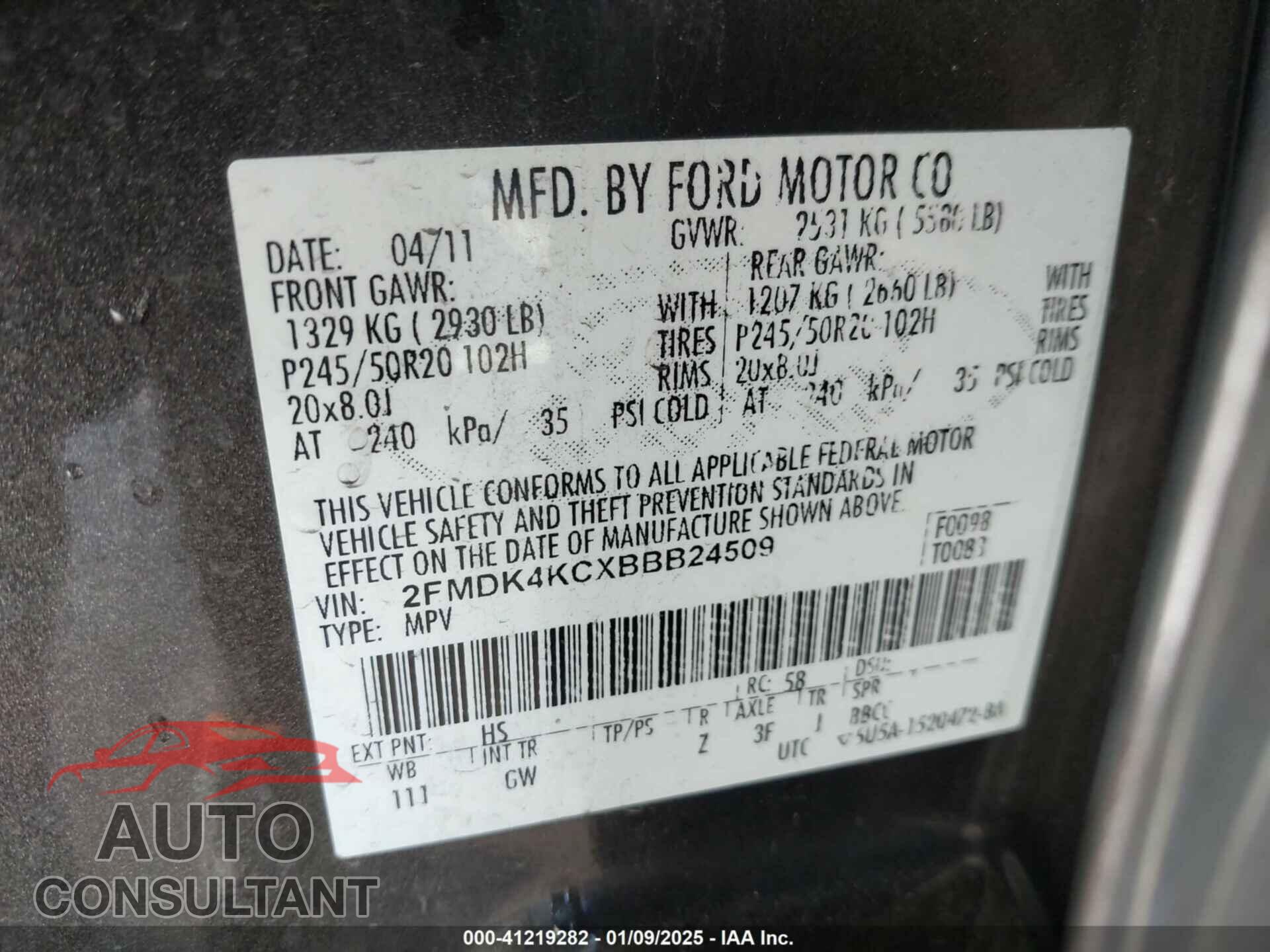 FORD EDGE 2011 - 2FMDK4KCXBBB24509