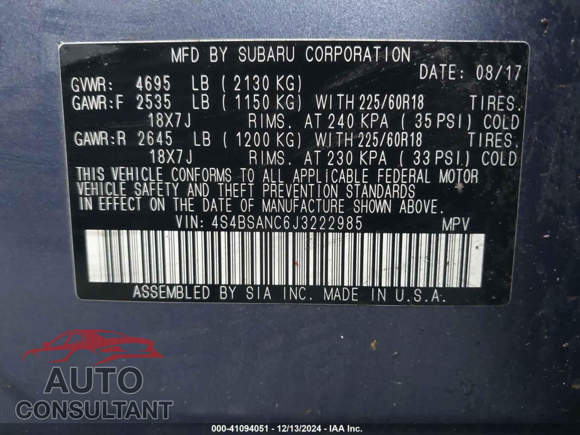 SUBARU OUTBACK 2018 - 4S4BSANC6J3222985