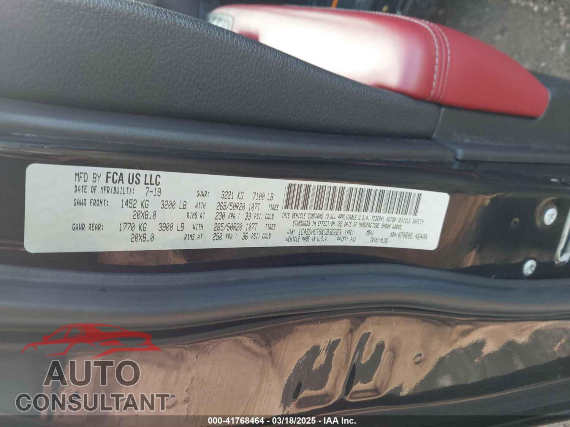 DODGE DURANGO 2019 - 1C4SDHCT9KC836263