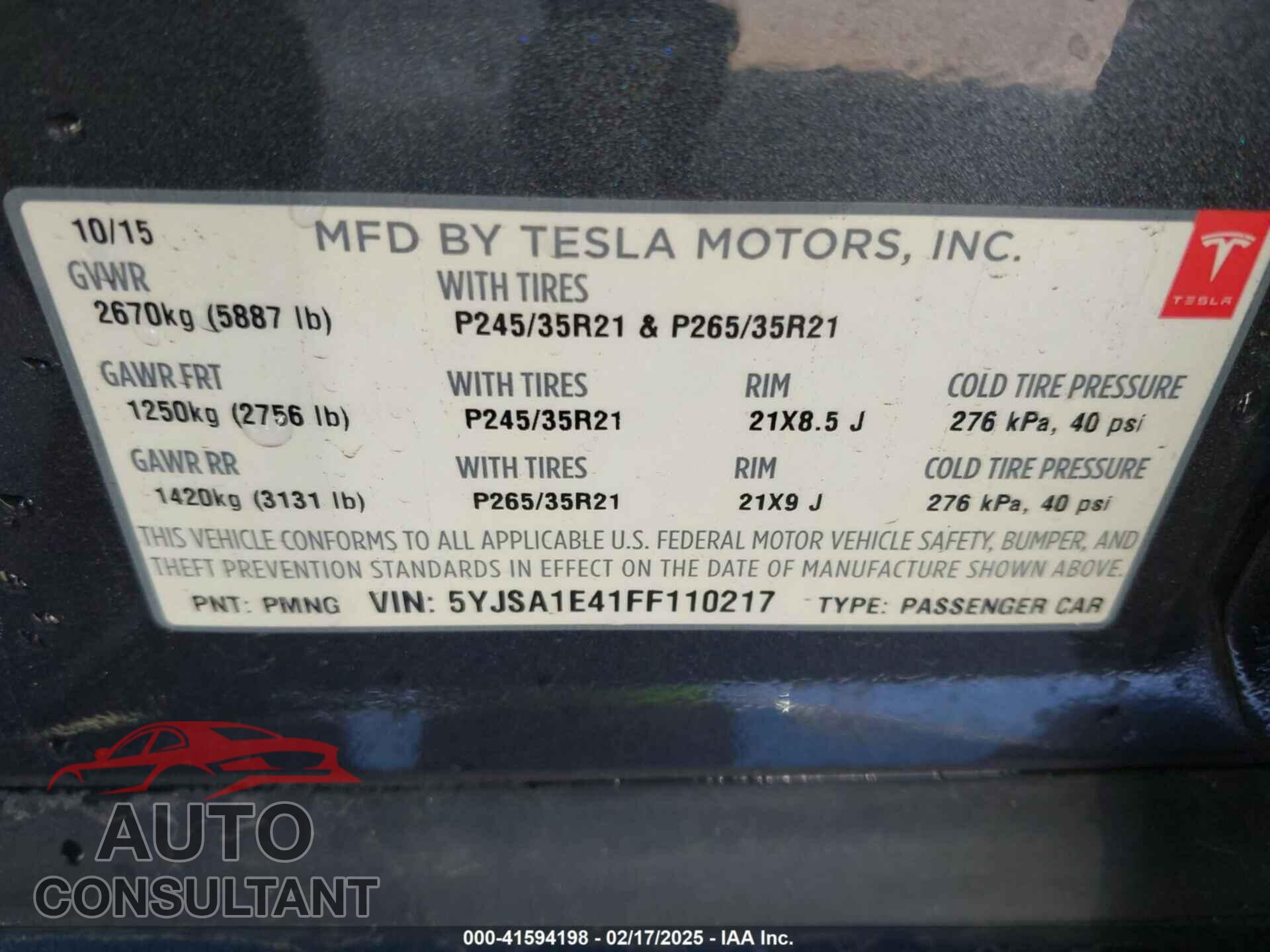 TESLA MODEL S 2015 - 5YJSA1E41FF110217