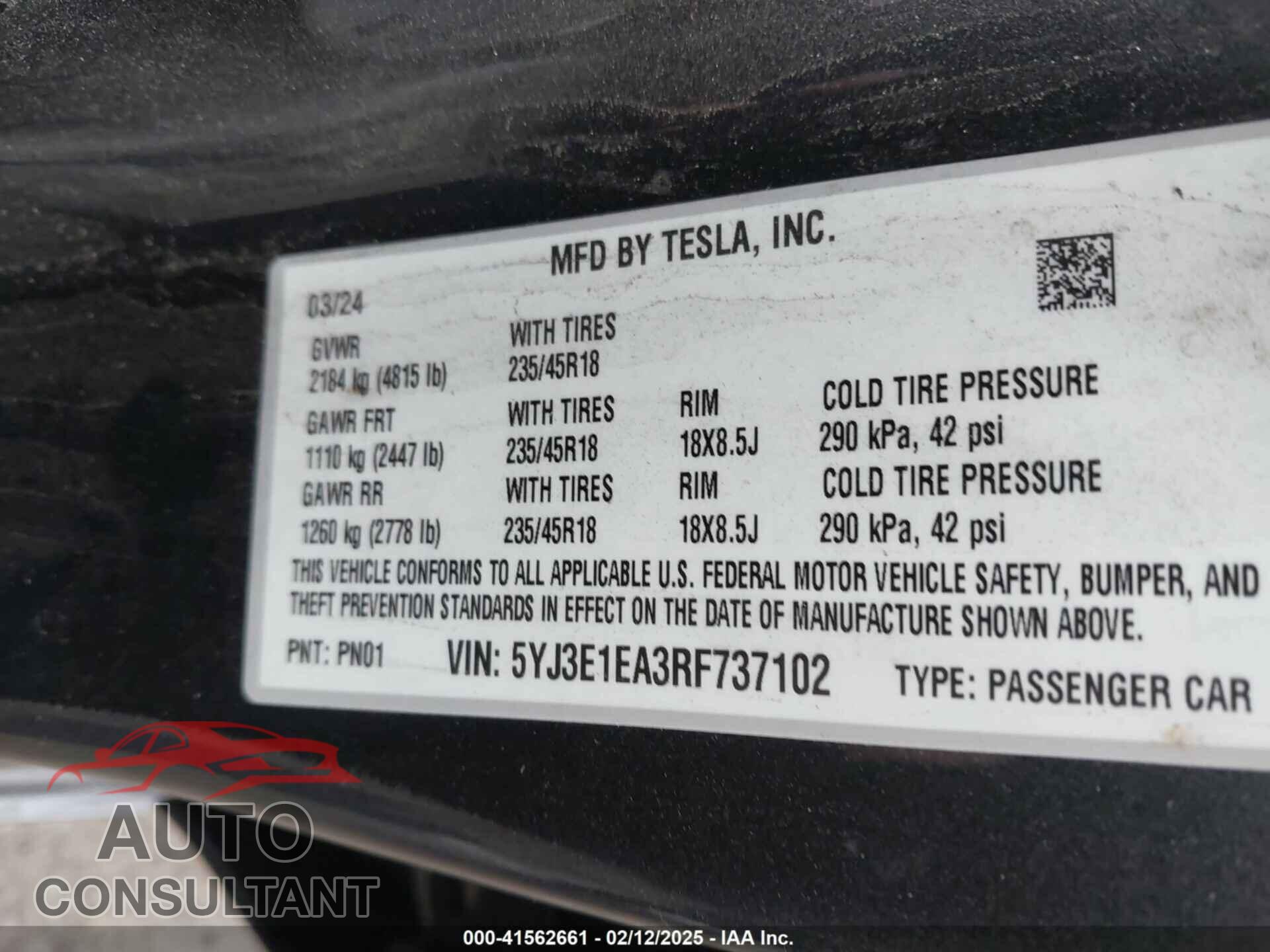 TESLA MODEL 3 2024 - 5YJ3E1EA3RF737102
