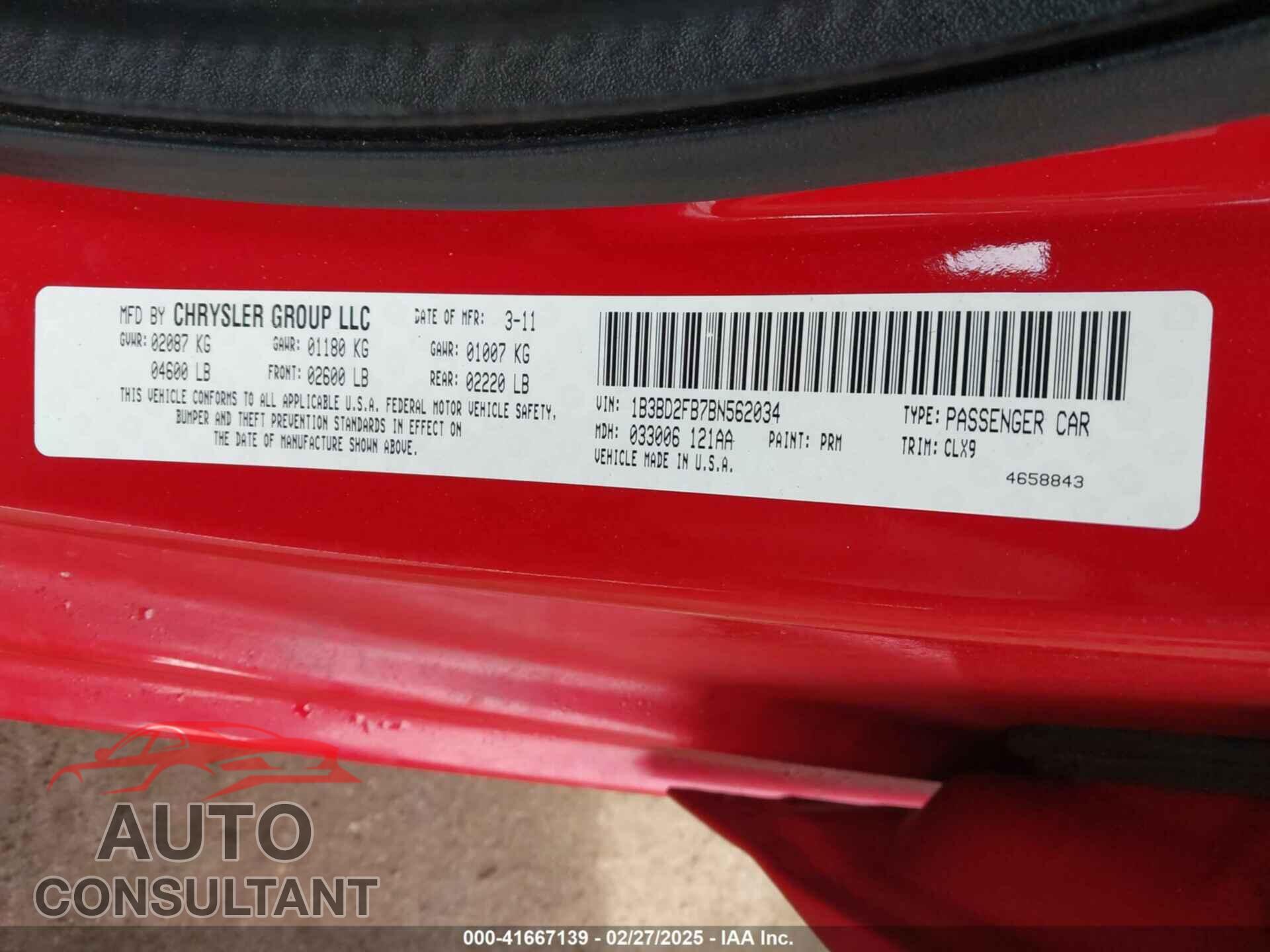 DODGE AVENGER 2011 - 1B3BD2FB7BN562034