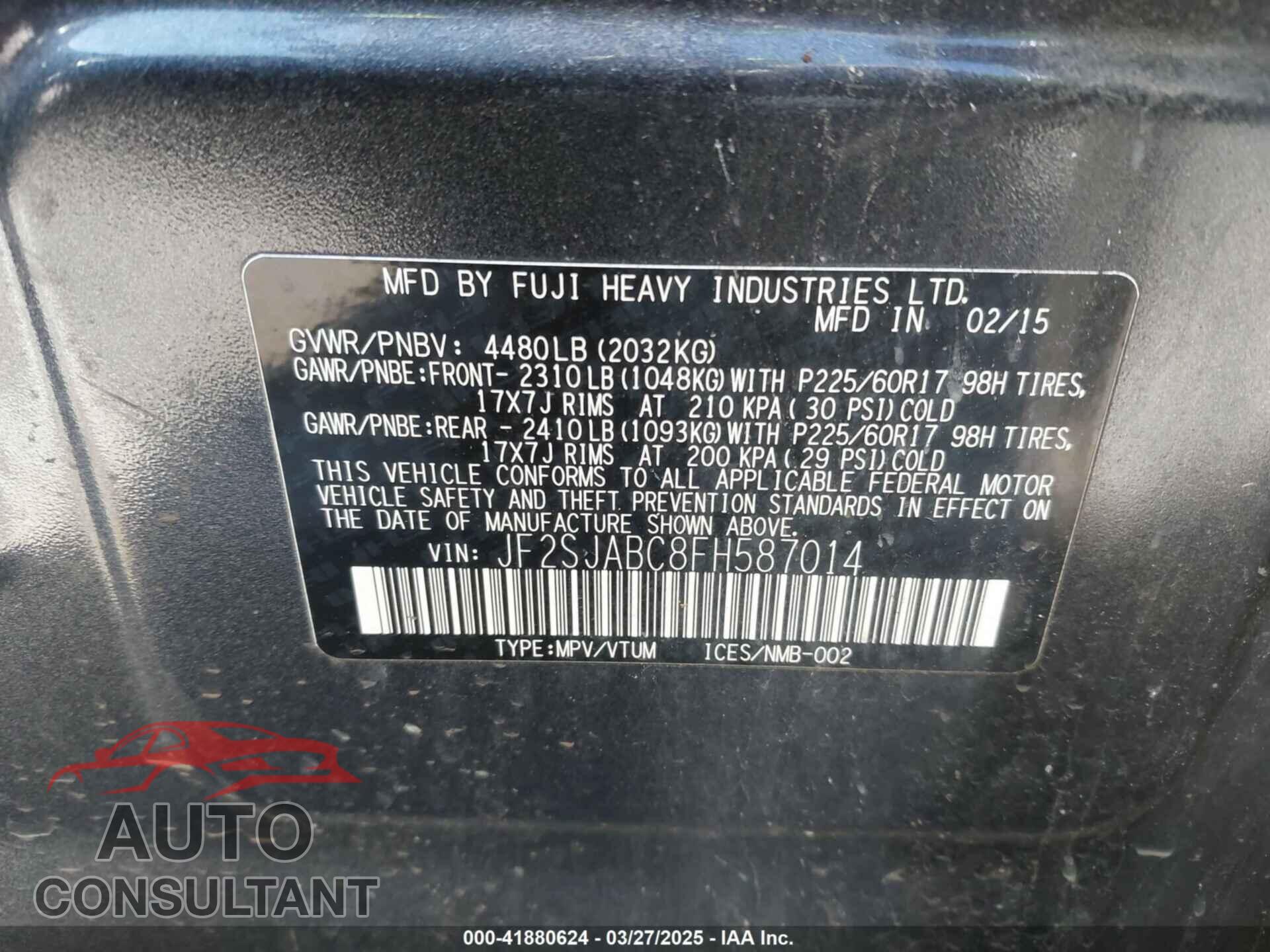 SUBARU FORESTER 2015 - JF2SJABC8FH587014