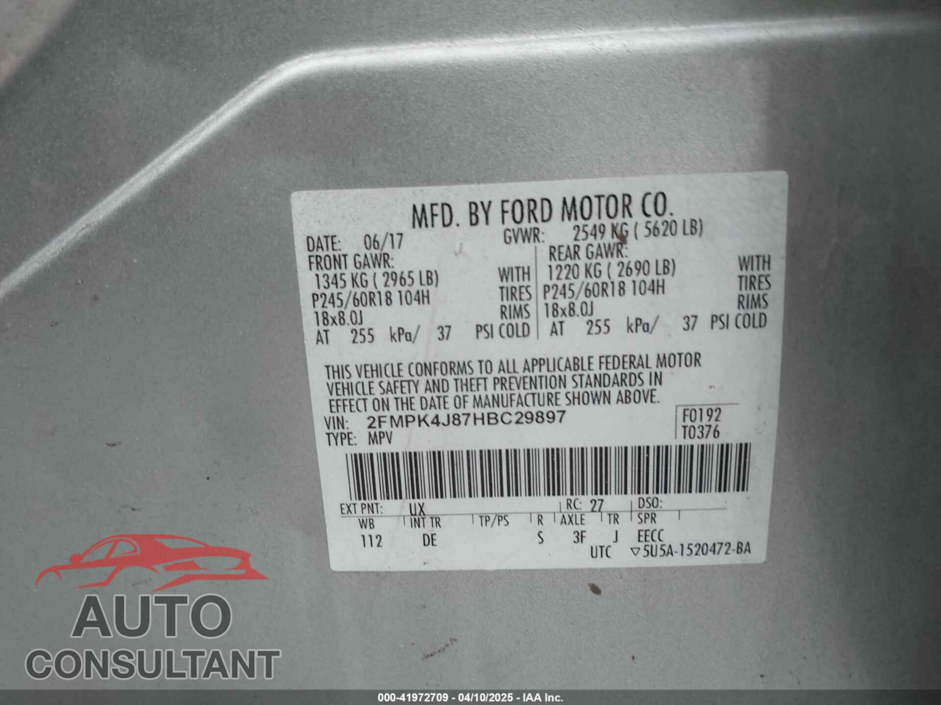 FORD EDGE 2017 - 2FMPK4J87HBC29897