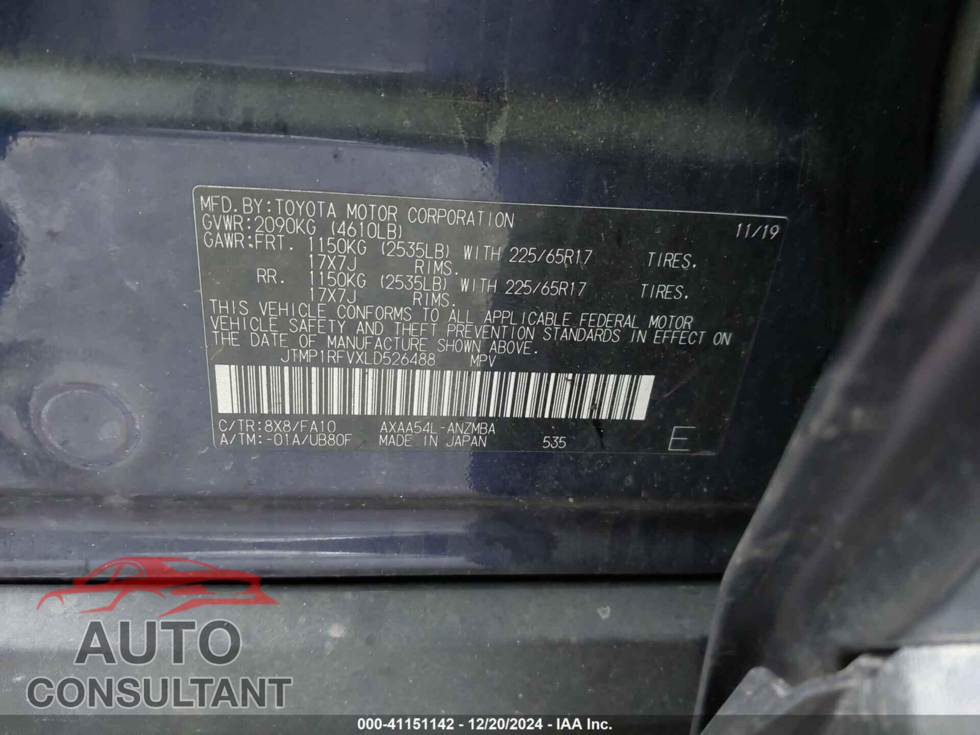TOYOTA RAV4 2020 - JTMP1RFVXLD526488