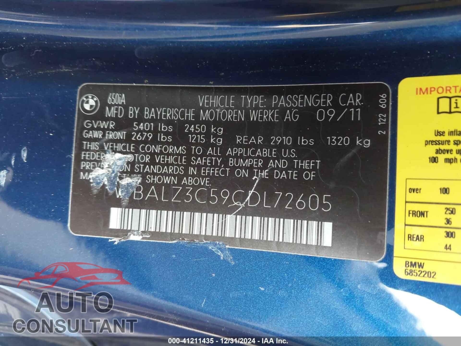 BMW 650I 2012 - WBALZ3C59CDL72605