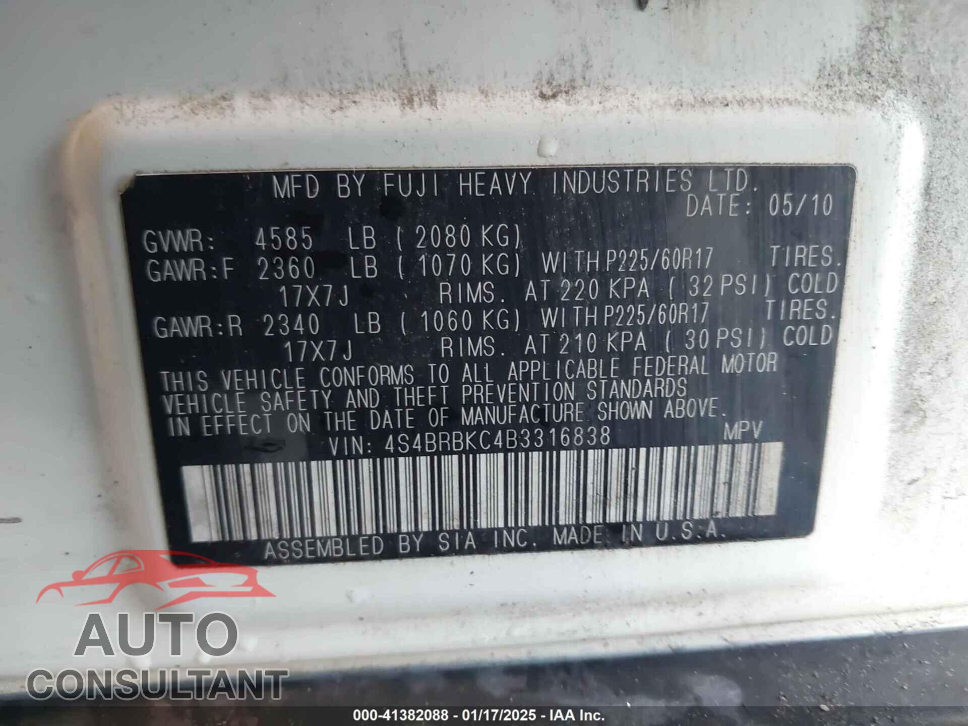 SUBARU OUTBACK 2011 - 4S4BRBKC4B3316838