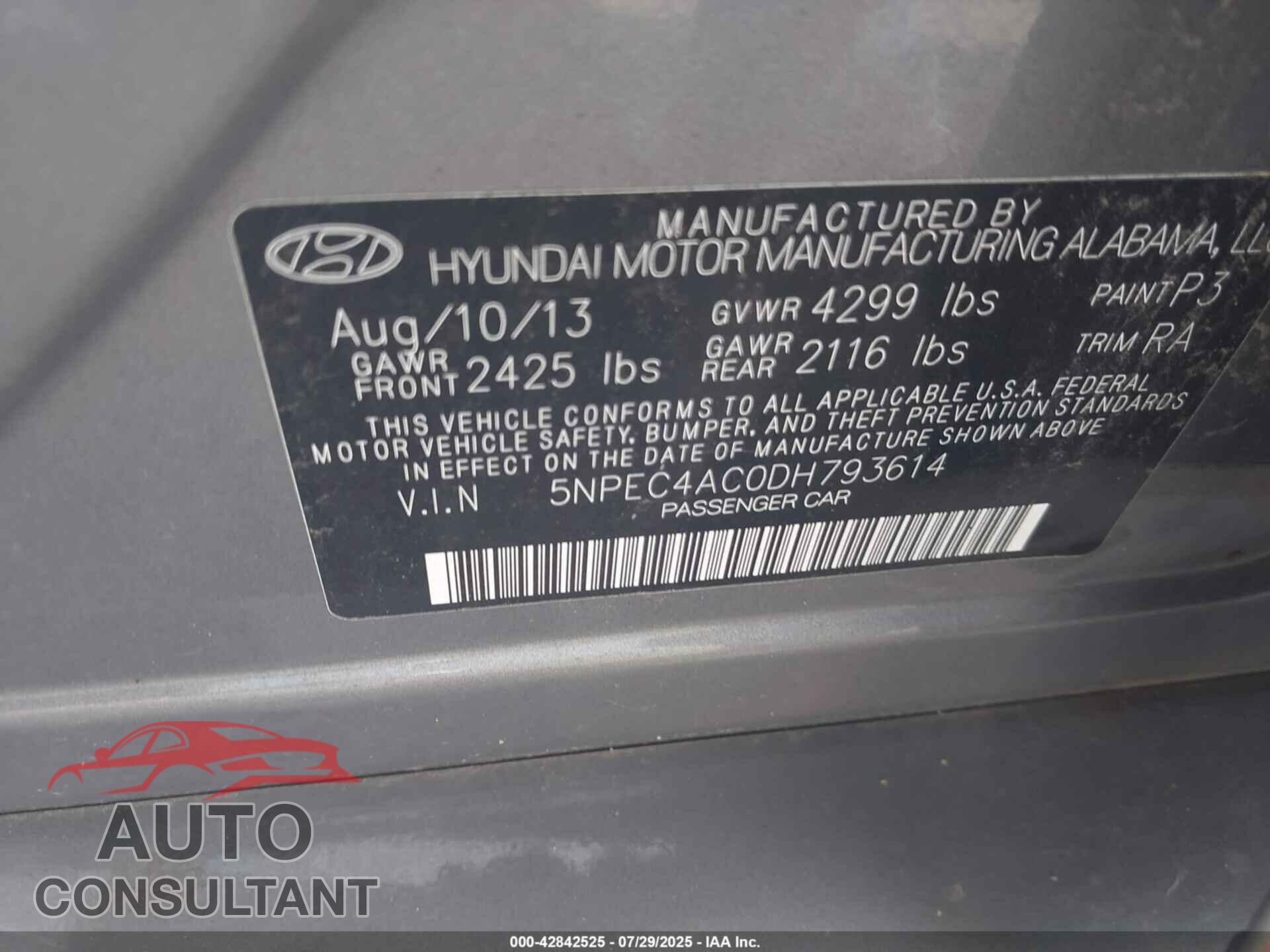 HYUNDAI SONATA 2013 - 5NPEC4AC0DH793614