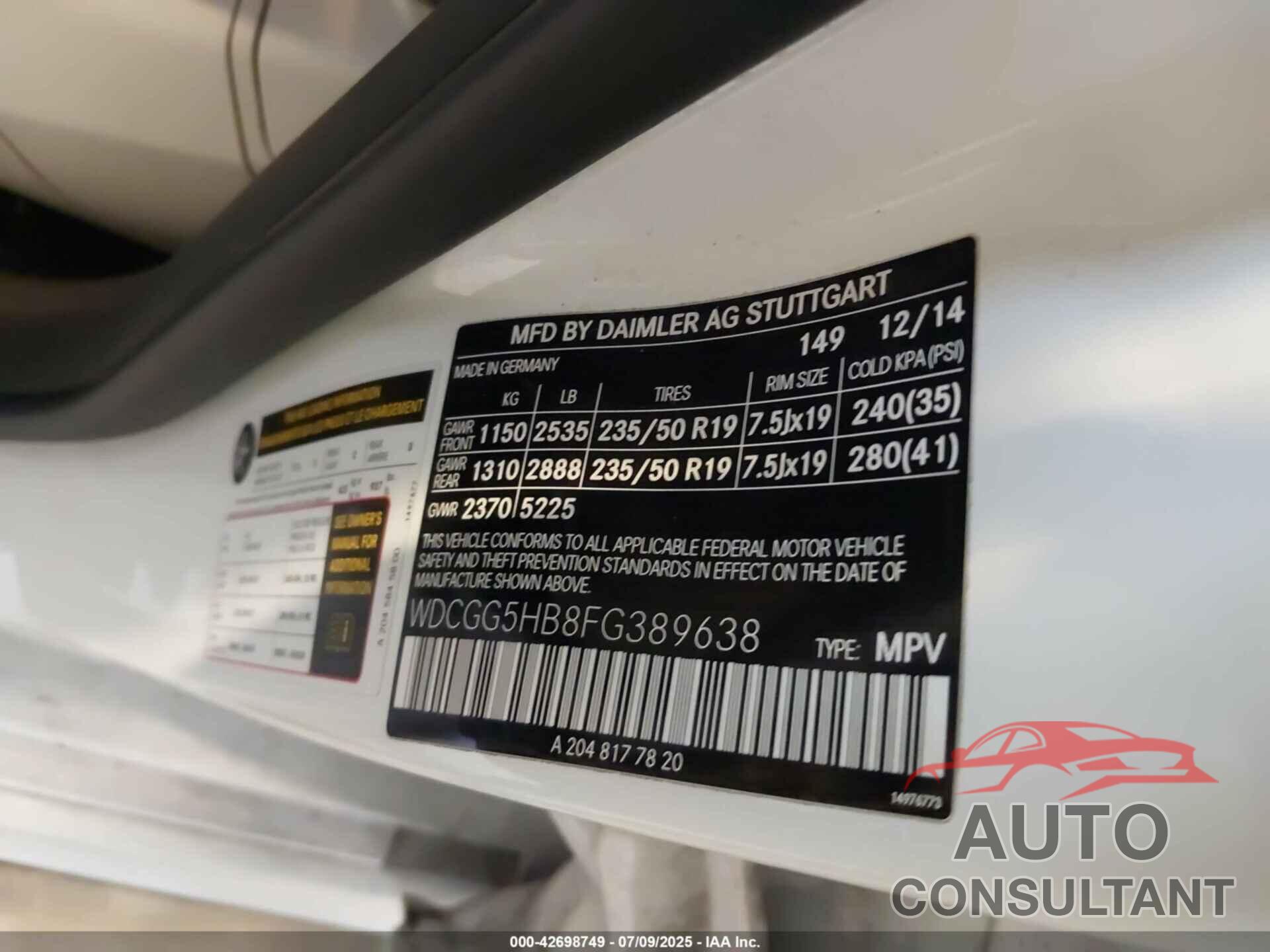 MERCEDES-BENZ GLK 350 2015 - WDCGG5HB8FG389638