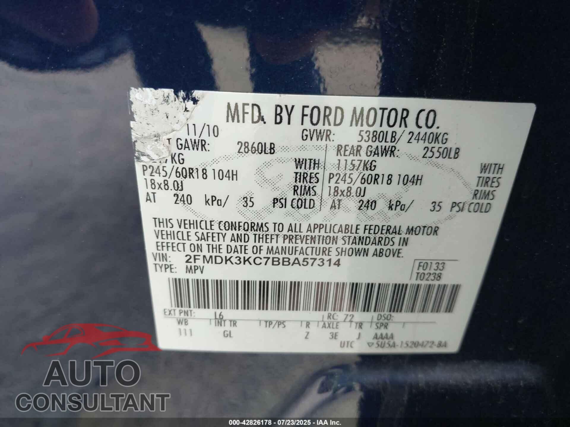 FORD EDGE 2011 - 2FMDK3KC7BBA57314