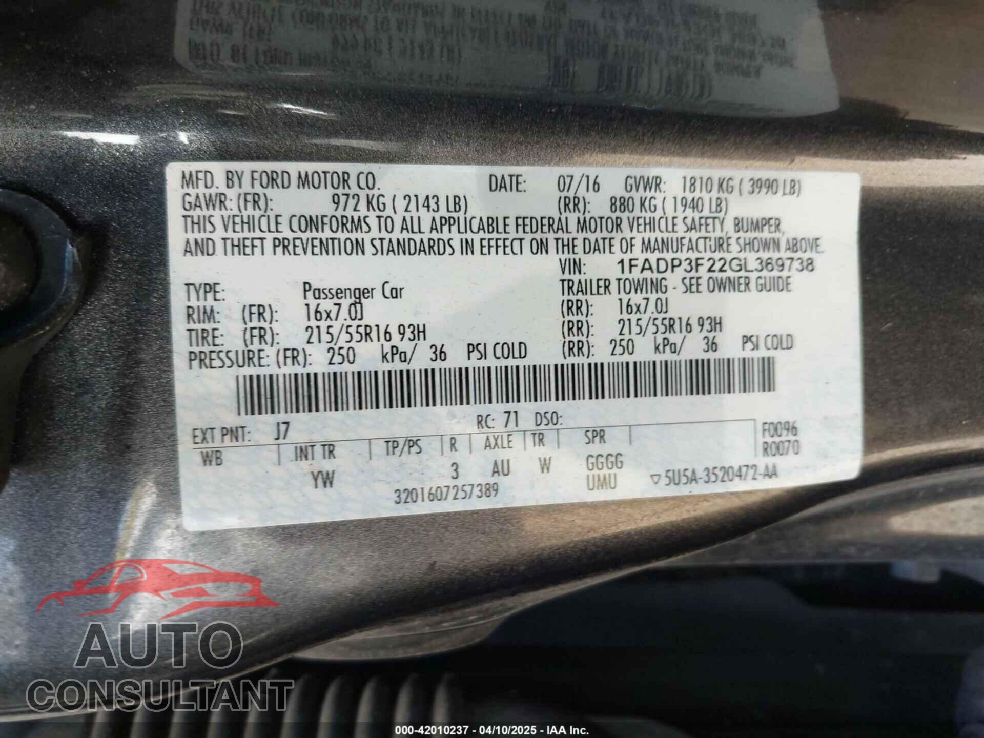 FORD FOCUS 2016 - 1FADP3F22GL369738