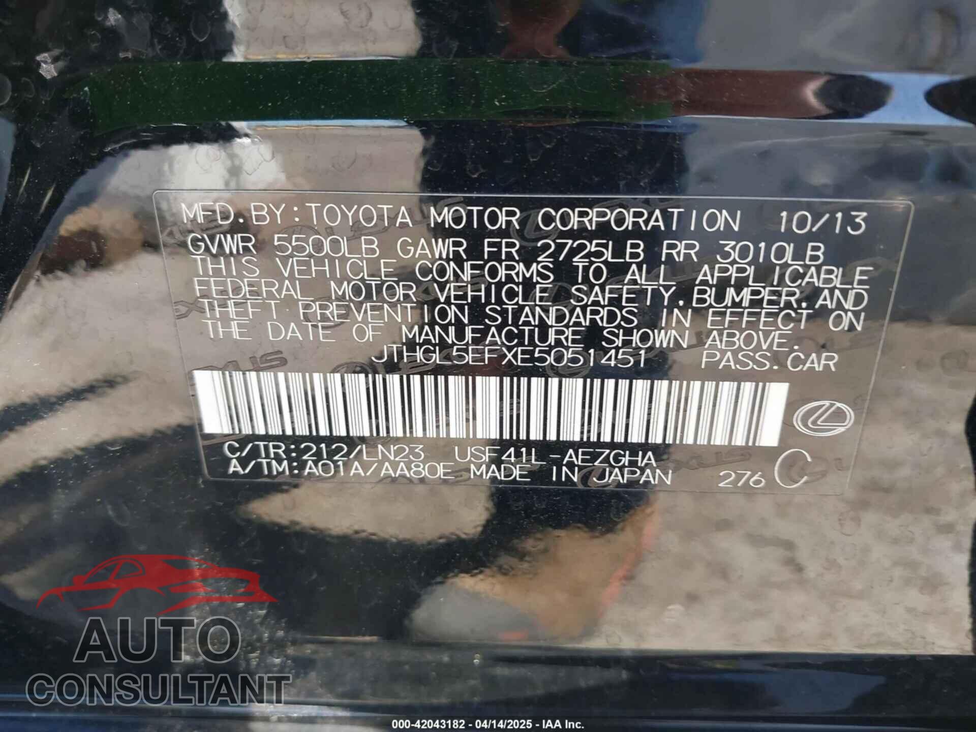 LEXUS LS 460 2014 - JTHGL5EFXE5051451