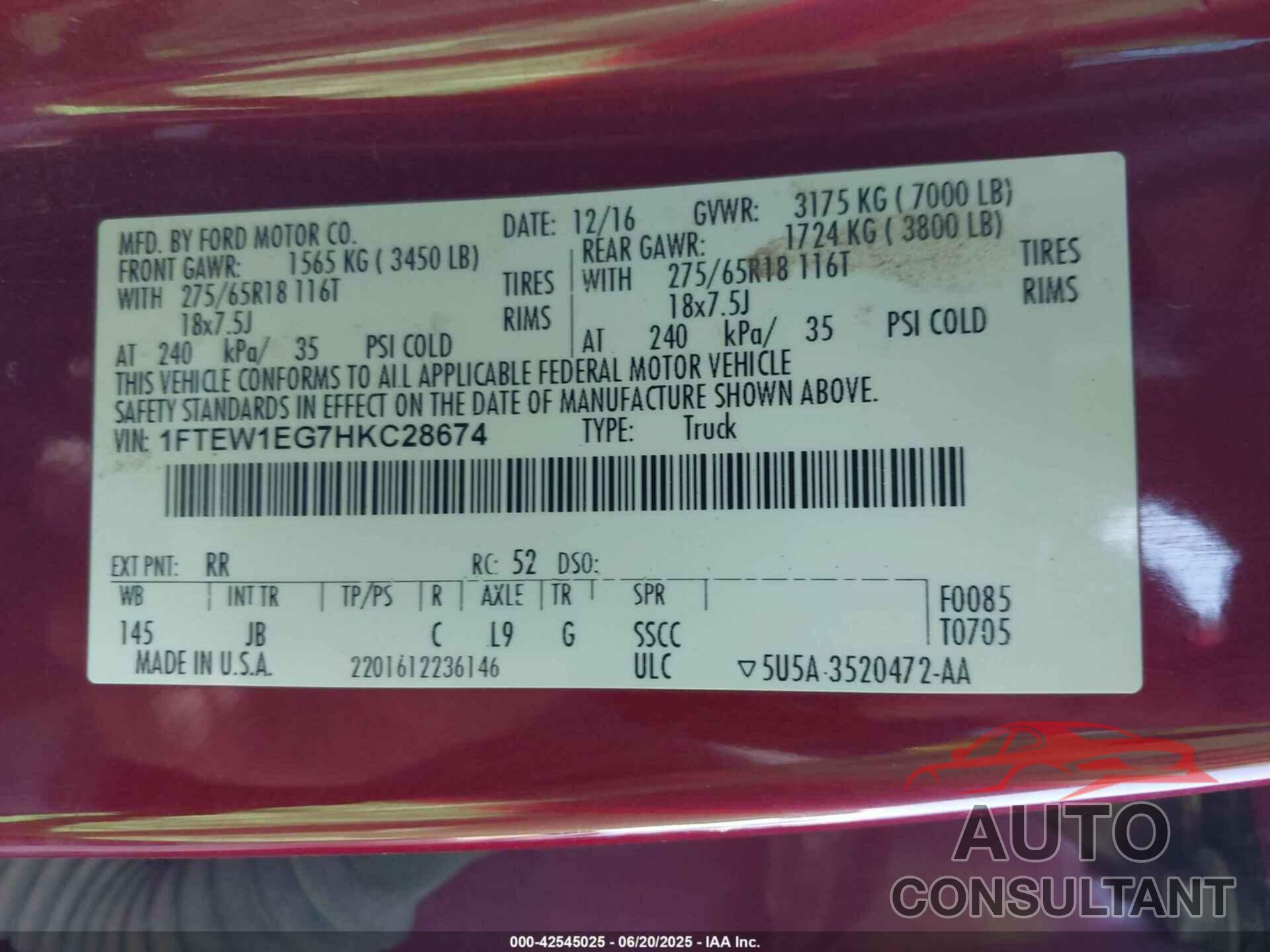 FORD F-150 2017 - 1FTEW1EG7HKC28674