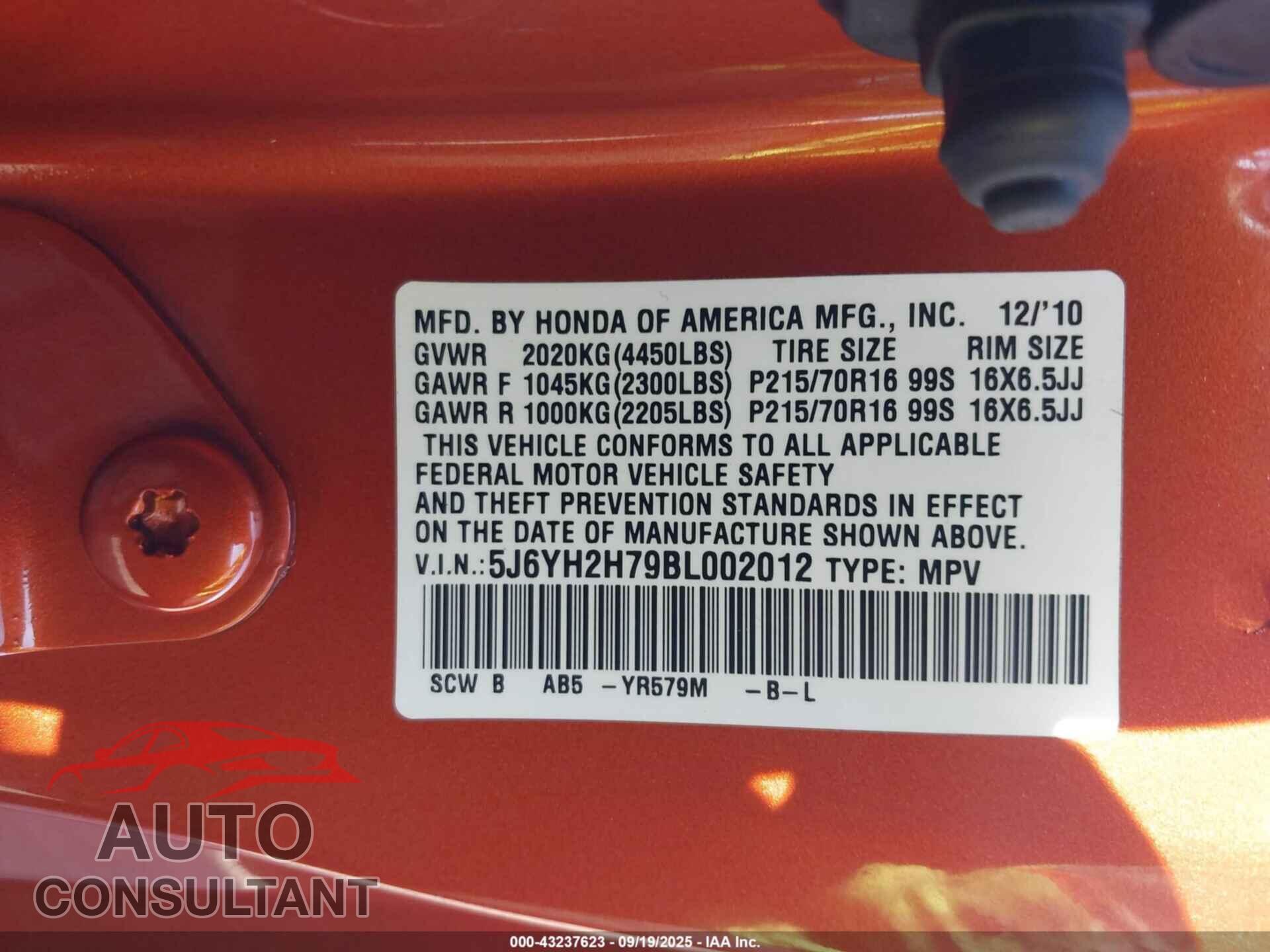 HONDA ELEMENT 2011 - 5J6YH2H79BL002012