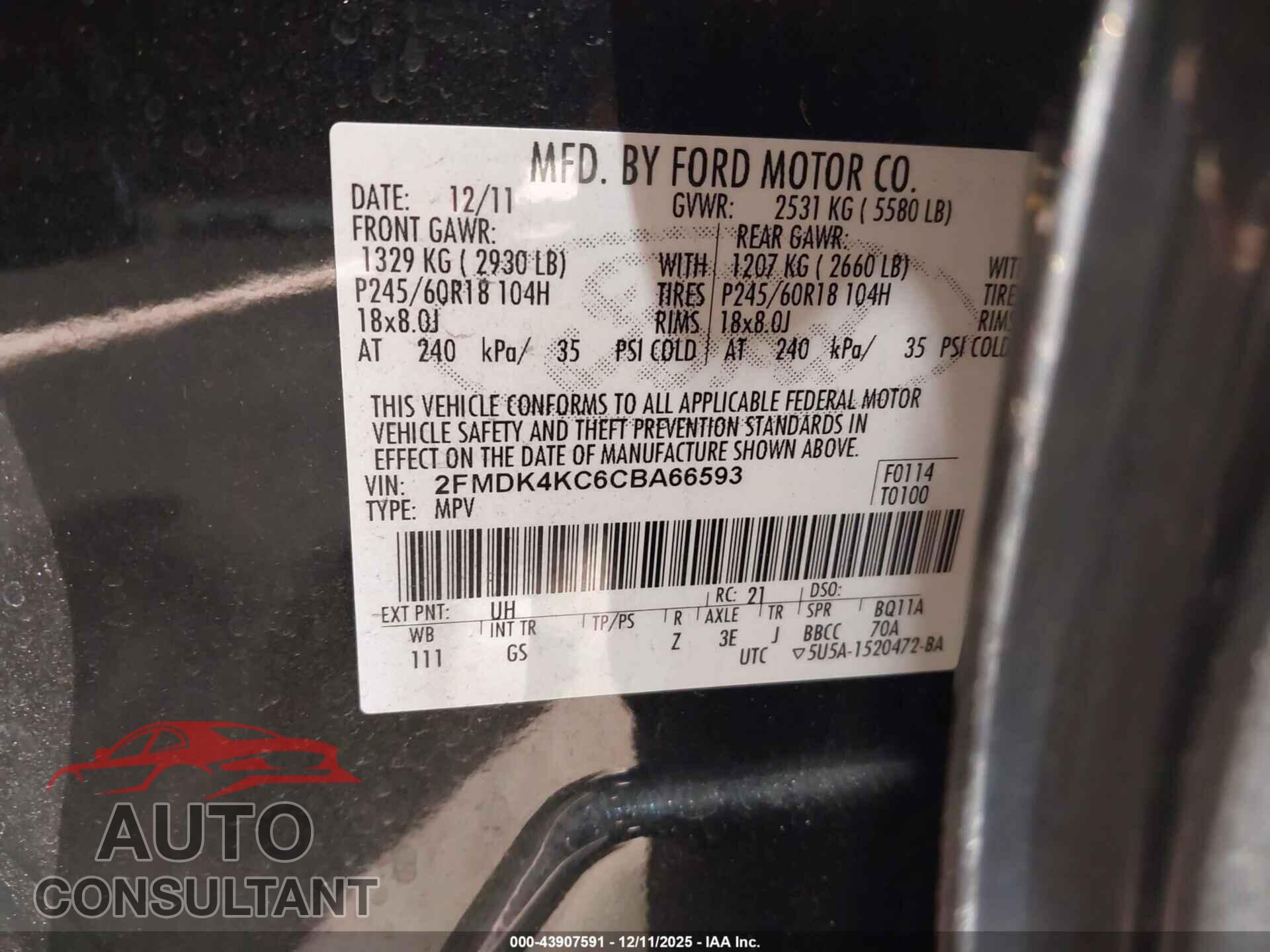FORD EDGE 2012 - 2FMDK4KC6CBA66593