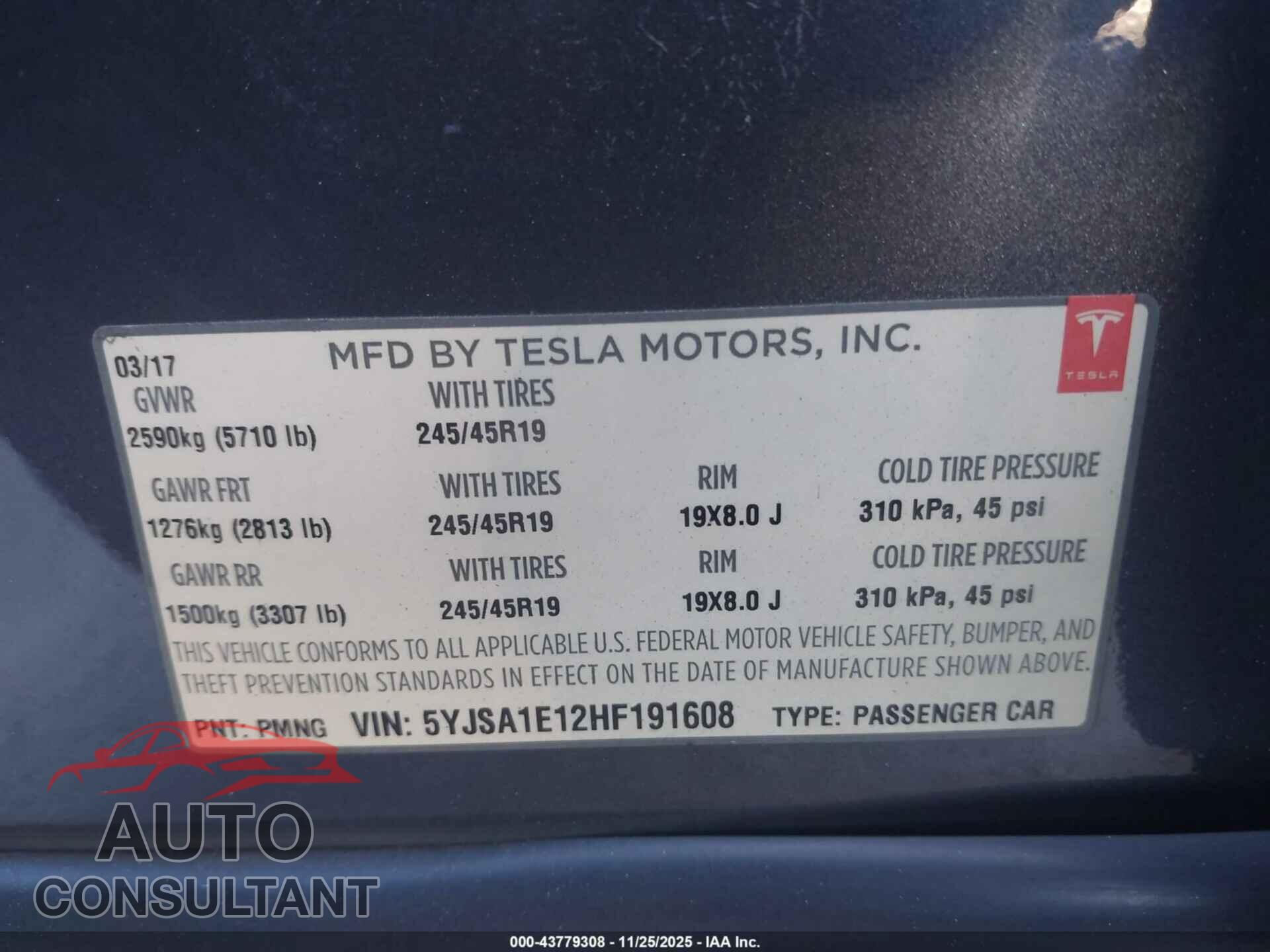 TESLA MODEL S 2017 - 5YJSA1E12HF191608