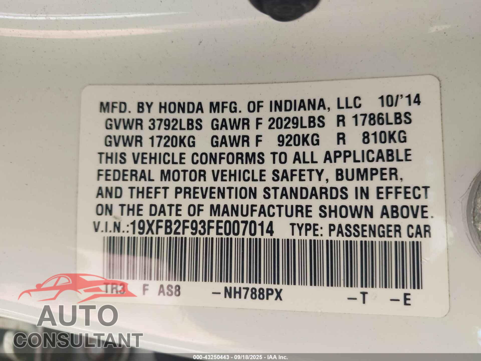 HONDA CIVIC 2015 - 19XFB2F93FE007014