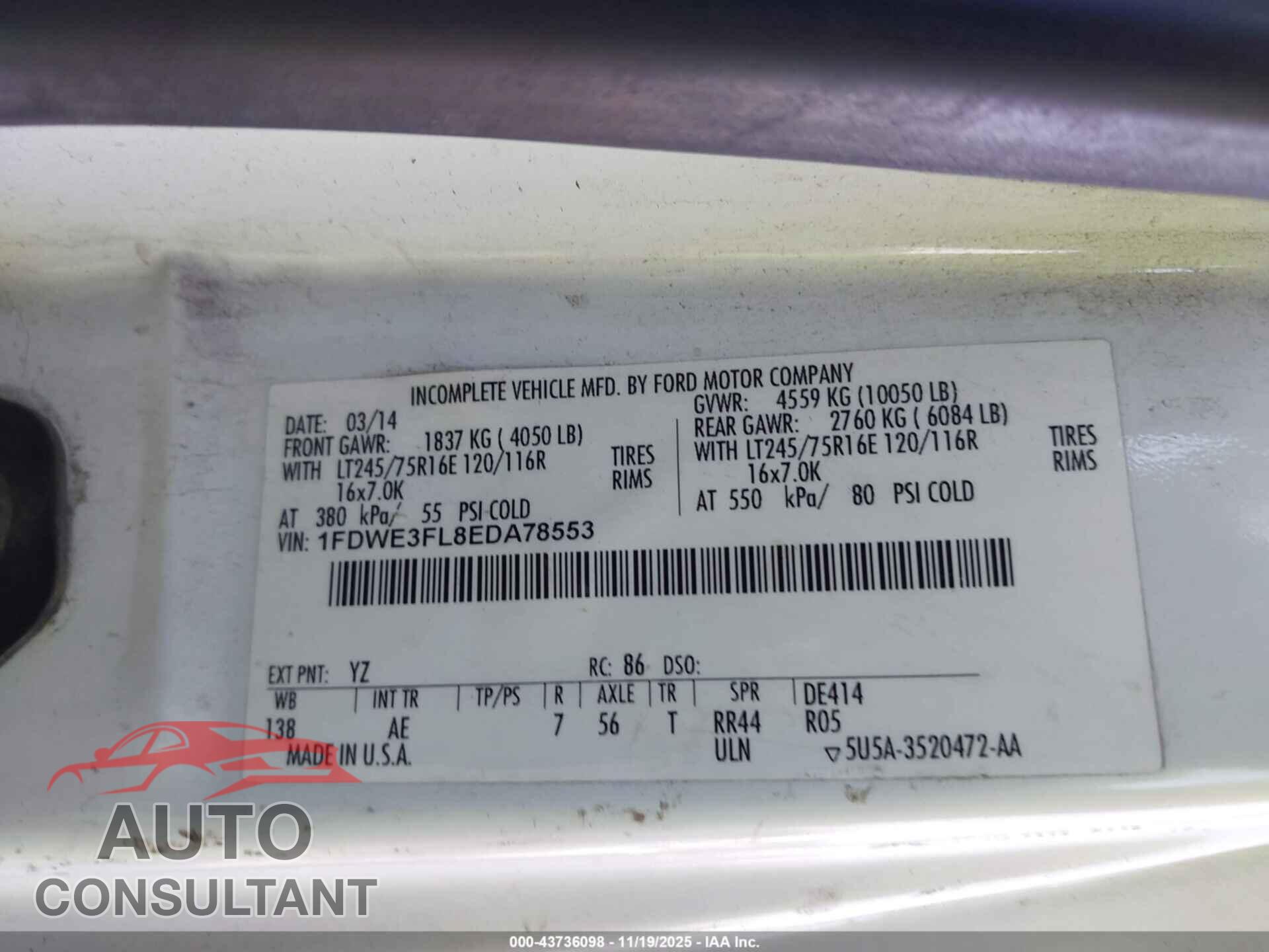 FORD E-350 CUTAWAY 2014 - 1FDWE3FL8EDA78553
