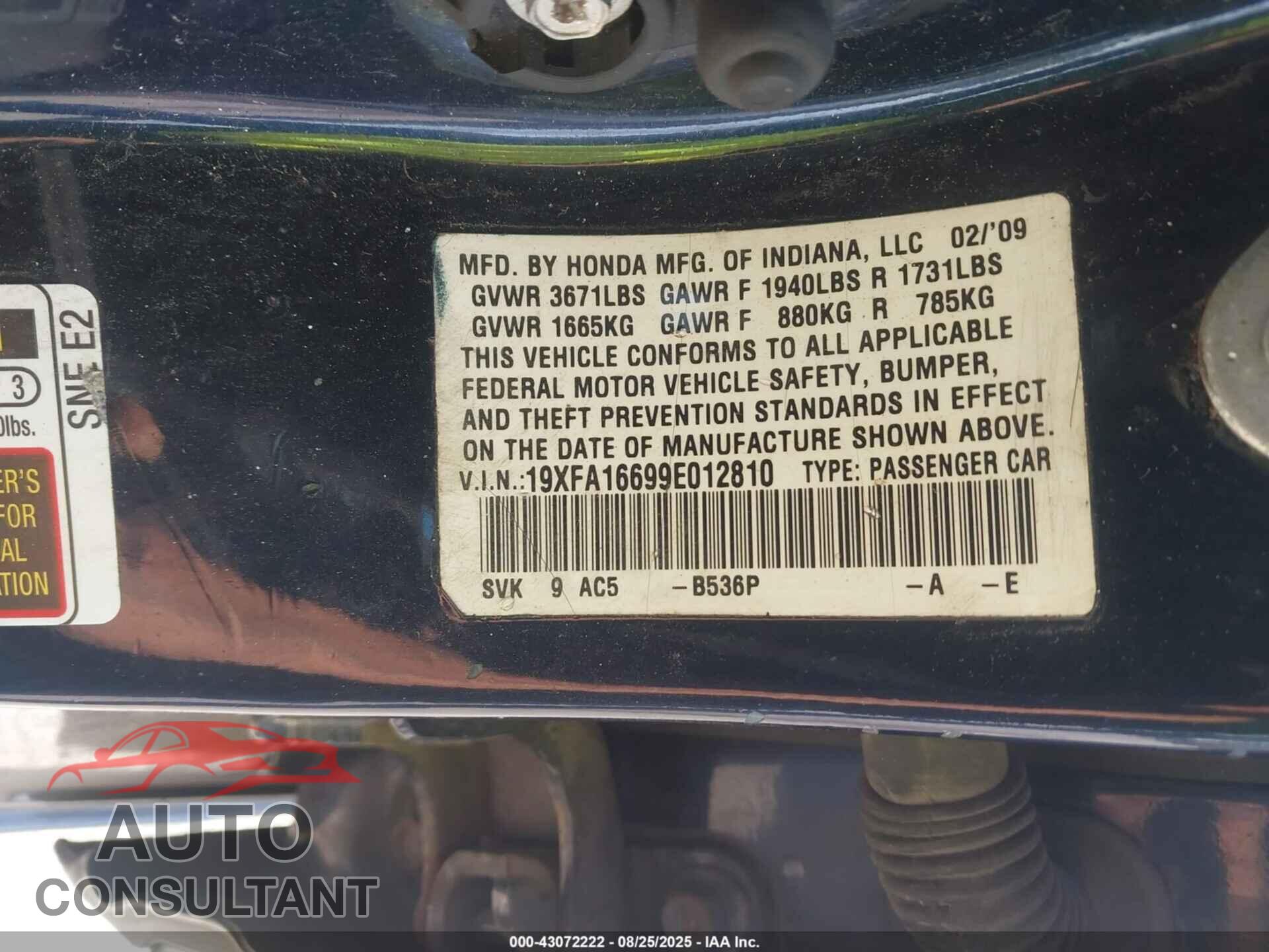 HONDA CIVIC 2009 - 19XFA16699E012810