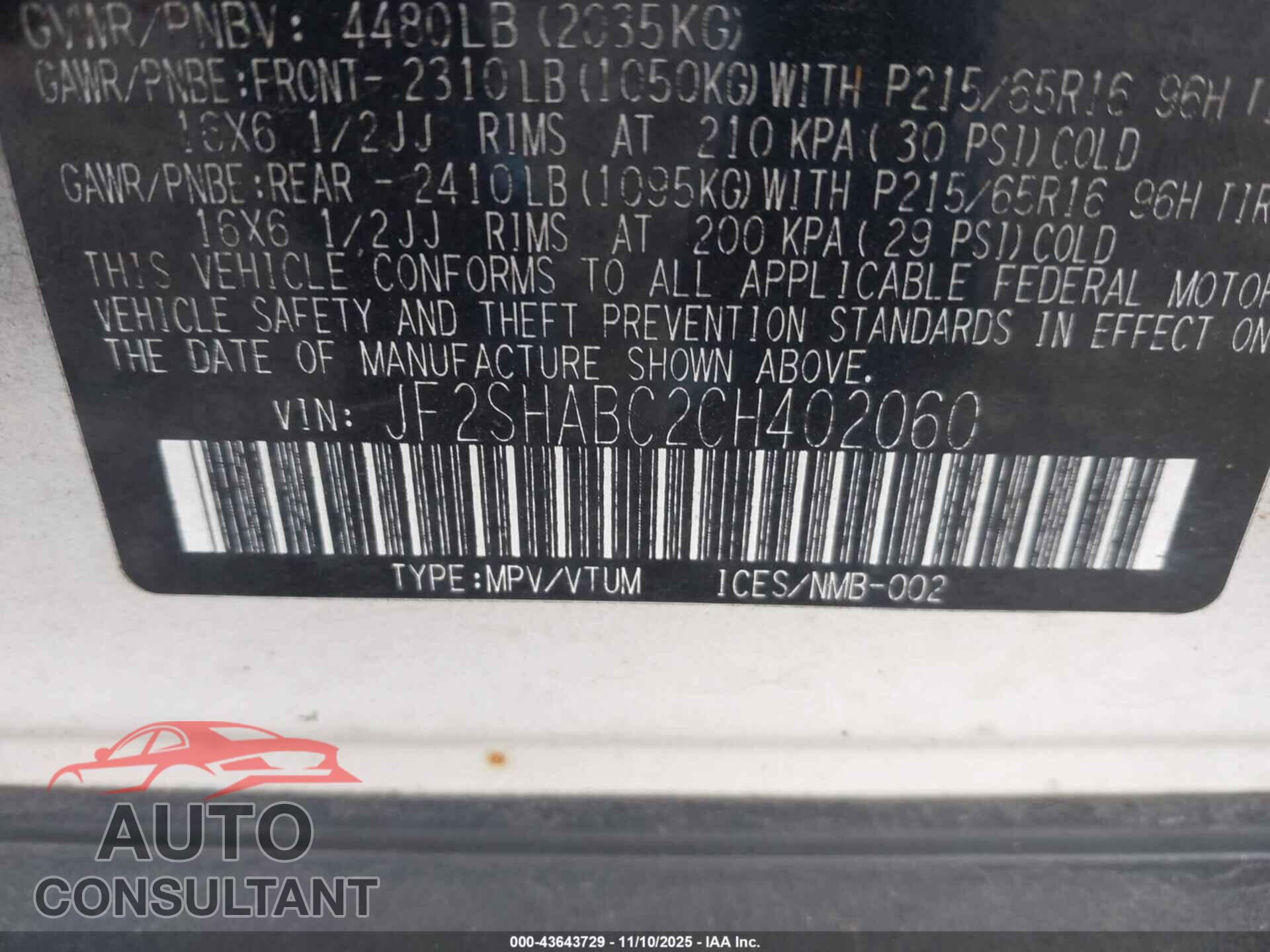 SUBARU FORESTER 2012 - JF2SHABC2CH402060