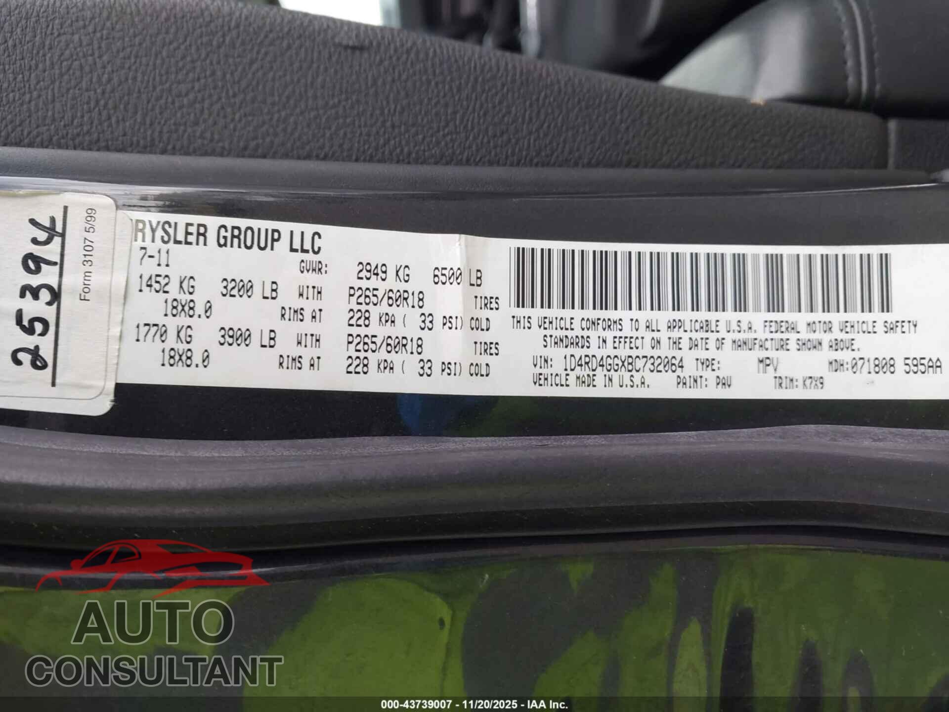 DODGE DURANGO 2011 - 1D4RD4GGXBC732064