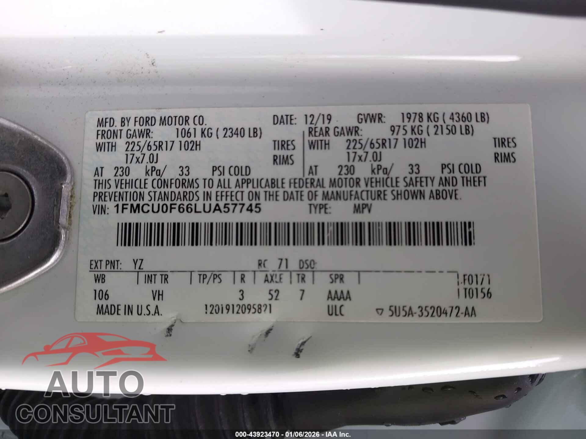 FORD ESCAPE 2020 - 1FMCU0F66LUA57745