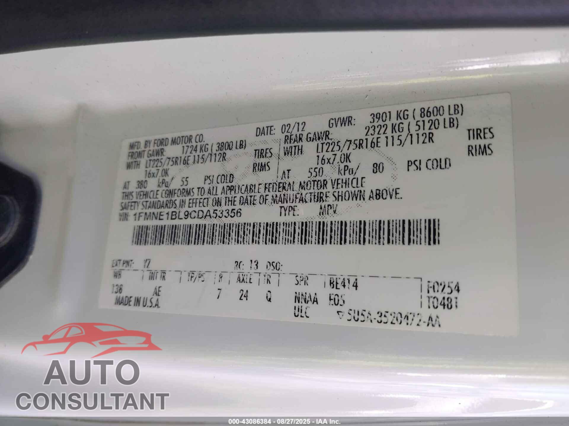 FORD E-150 2012 - 1FMNE1BL9CDA53356