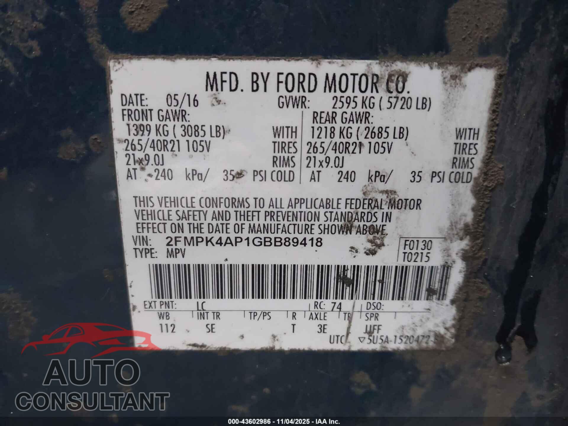FORD EDGE 2016 - 2FMPK4AP1GBB89418