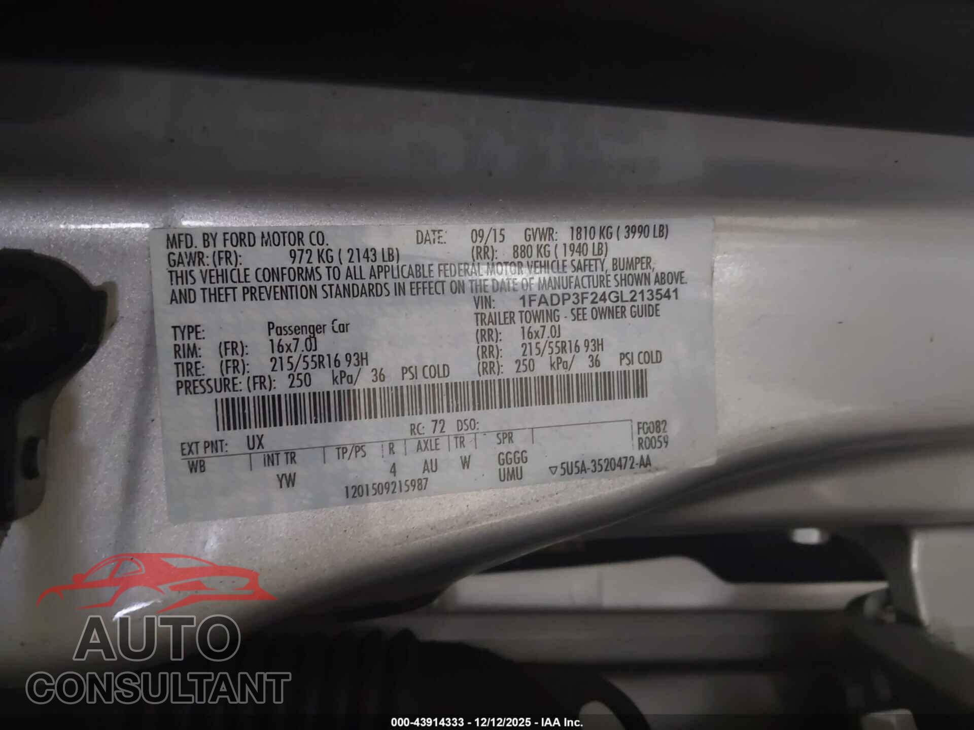 FORD FOCUS 2016 - 1FADP3F24GL213541