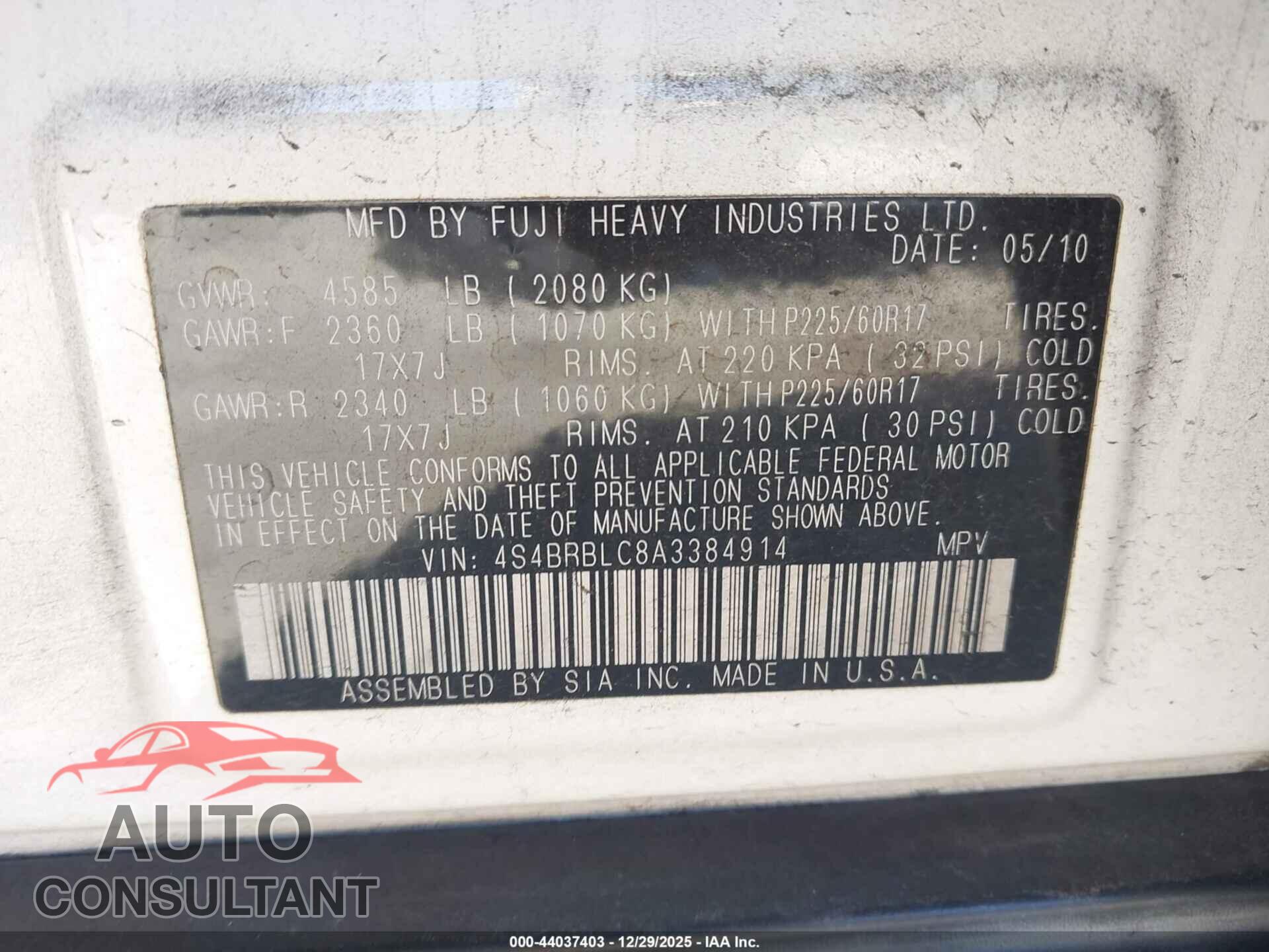 SUBARU OUTBACK 2010 - 4S4BRBLC8A3384914